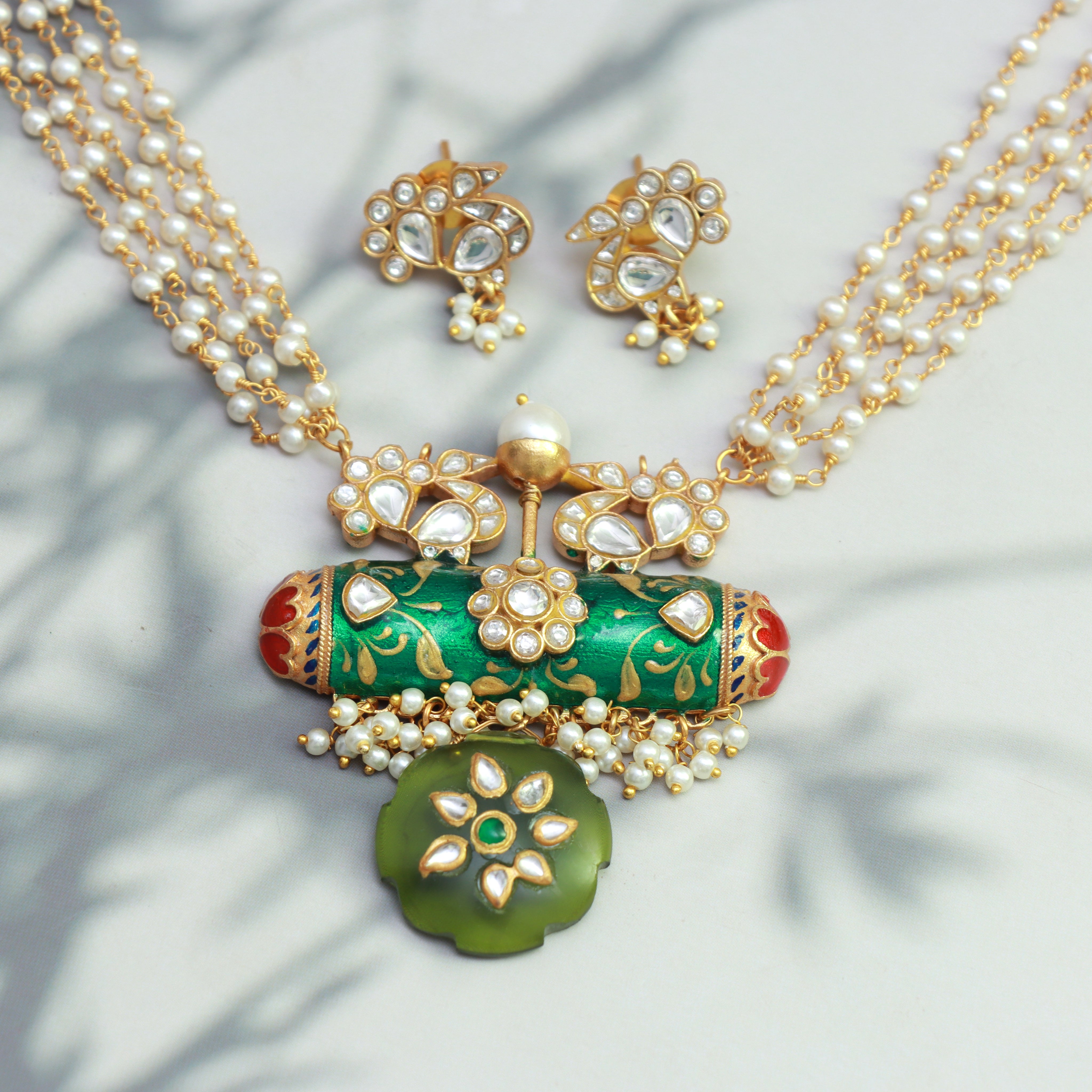 Meenakari Kundan Necklace Set with Peacock Studs - Dropdeadgorgeous