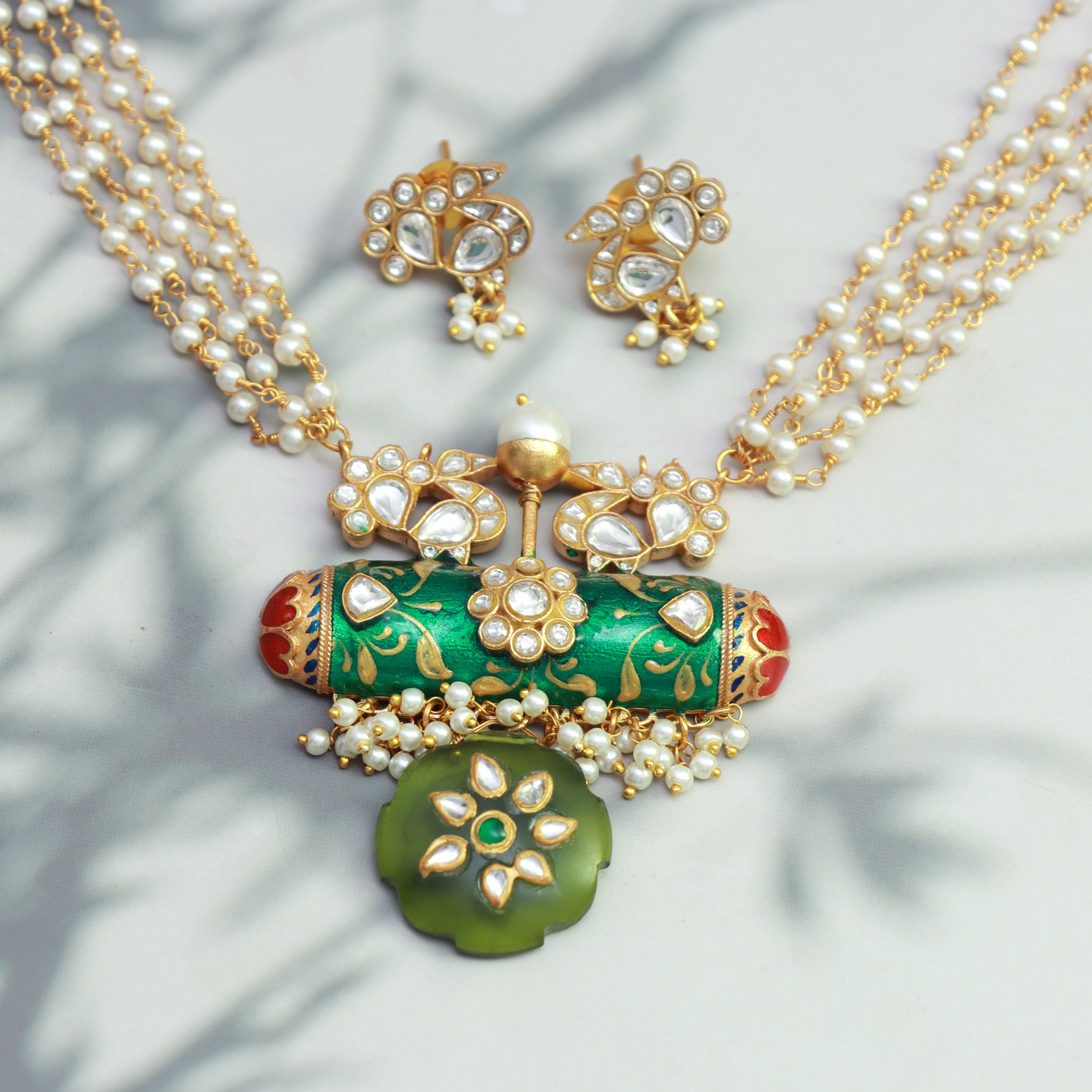 Meenakari Kundan Necklace Set with Peacock Studs - Dropdeadgorgeous