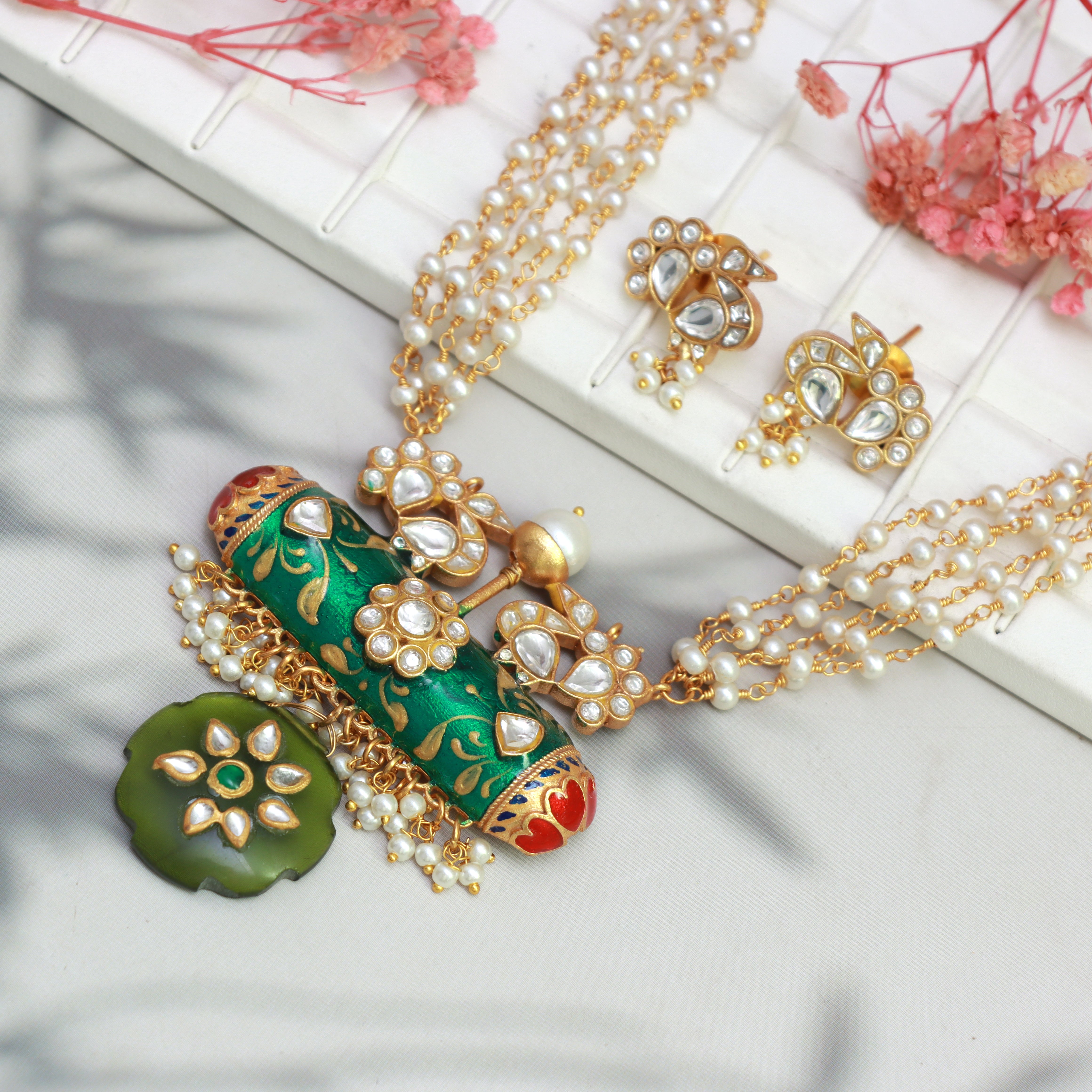 Meenakari Kundan Necklace Set with Peacock Studs - Dropdeadgorgeous