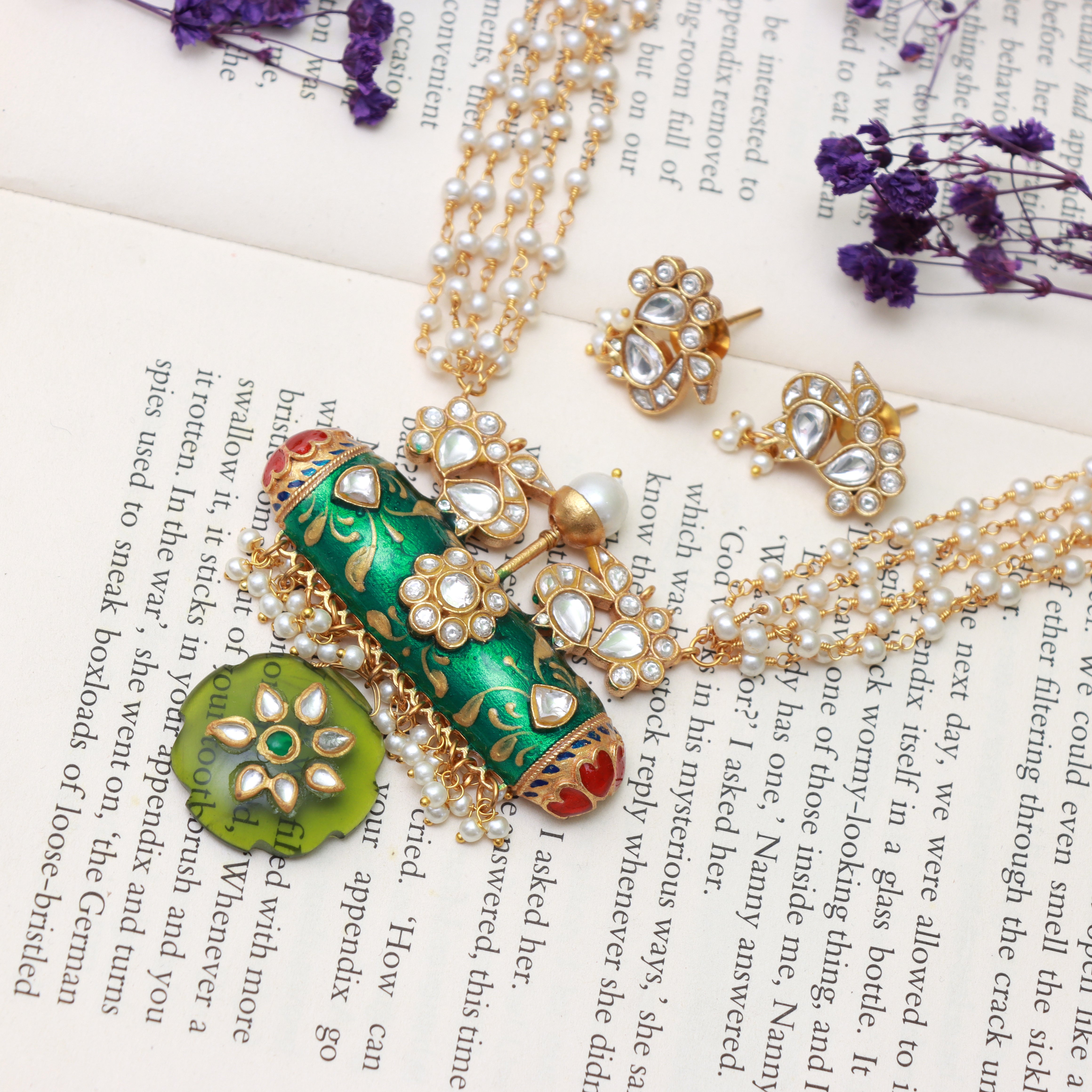 Meenakari Kundan Necklace Set with Peacock Studs - Dropdeadgorgeous