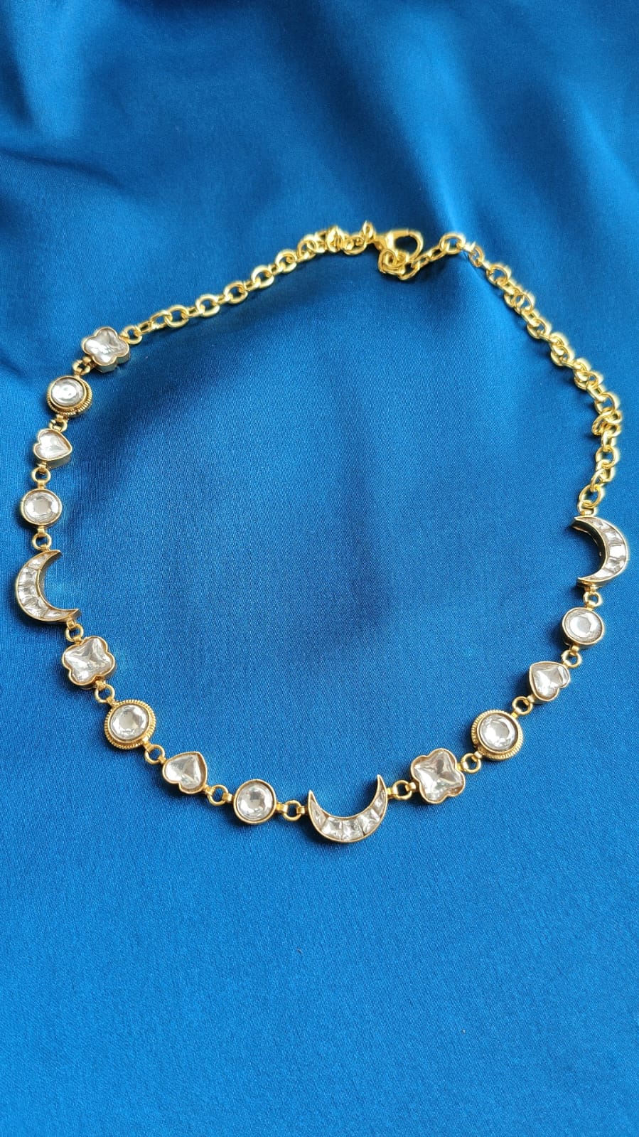 Gold-Plated Necklace with Moon, Heart, and Floral Motifs in Kundan Stones - Dropdeadgorgeous