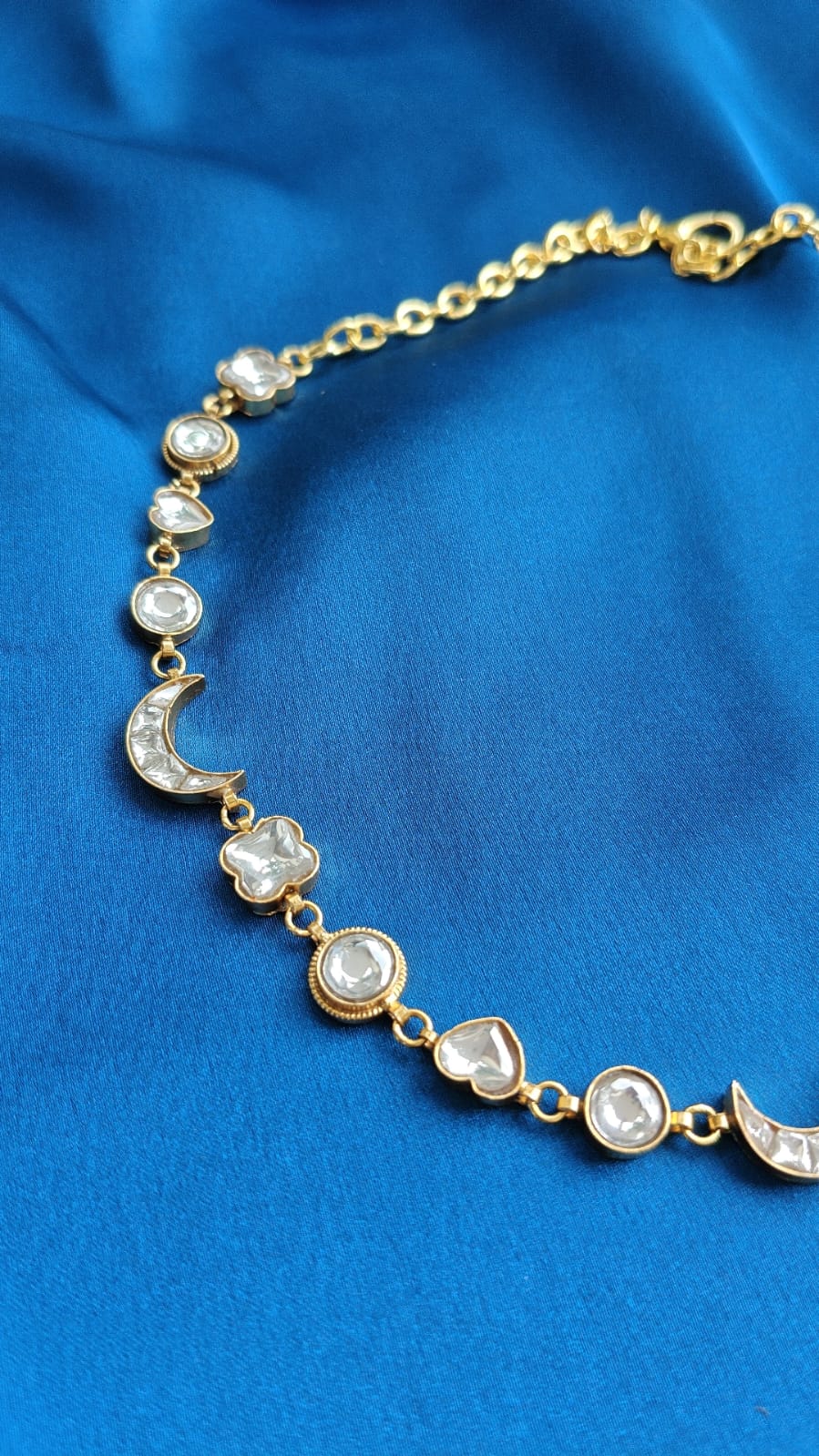 Gold-Plated Necklace with Moon, Heart, and Floral Motifs in Kundan Stones - Dropdeadgorgeous