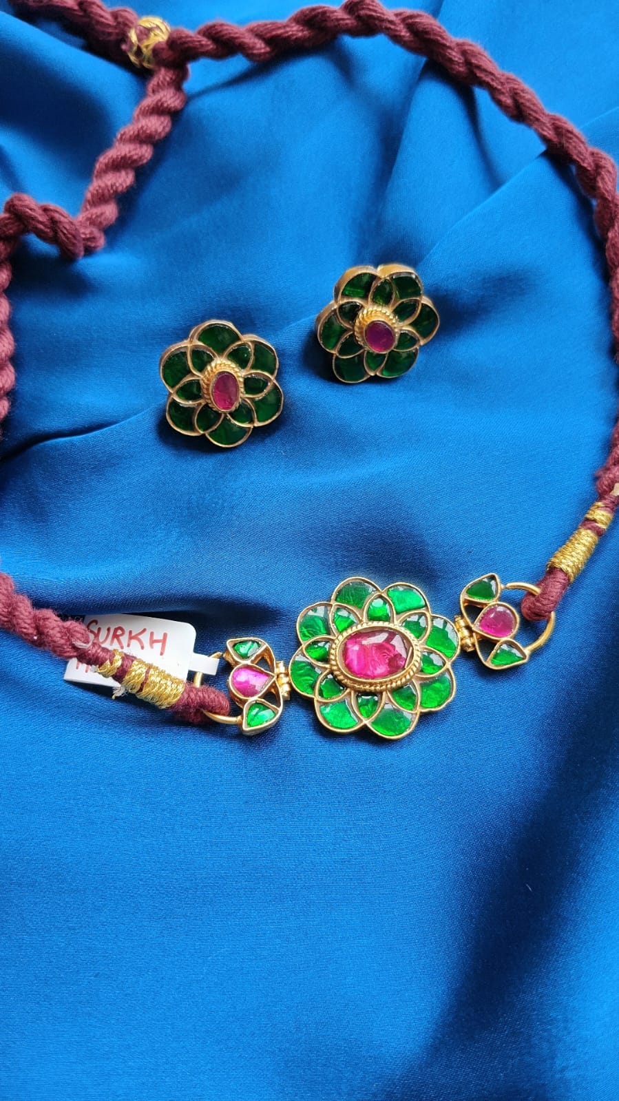 Handcrafted Meenakari Necklace Set in Emerald Green and Rose Pink - Dropdeadgorgeous