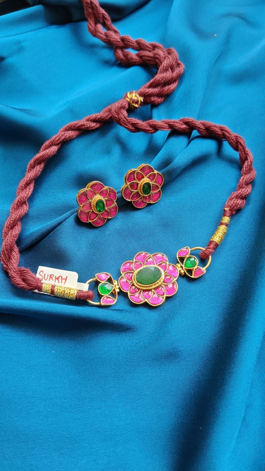 Meenakari Necklace Set with Floral Motif in Pink and Green Enamel - Dropdeadgorgeous