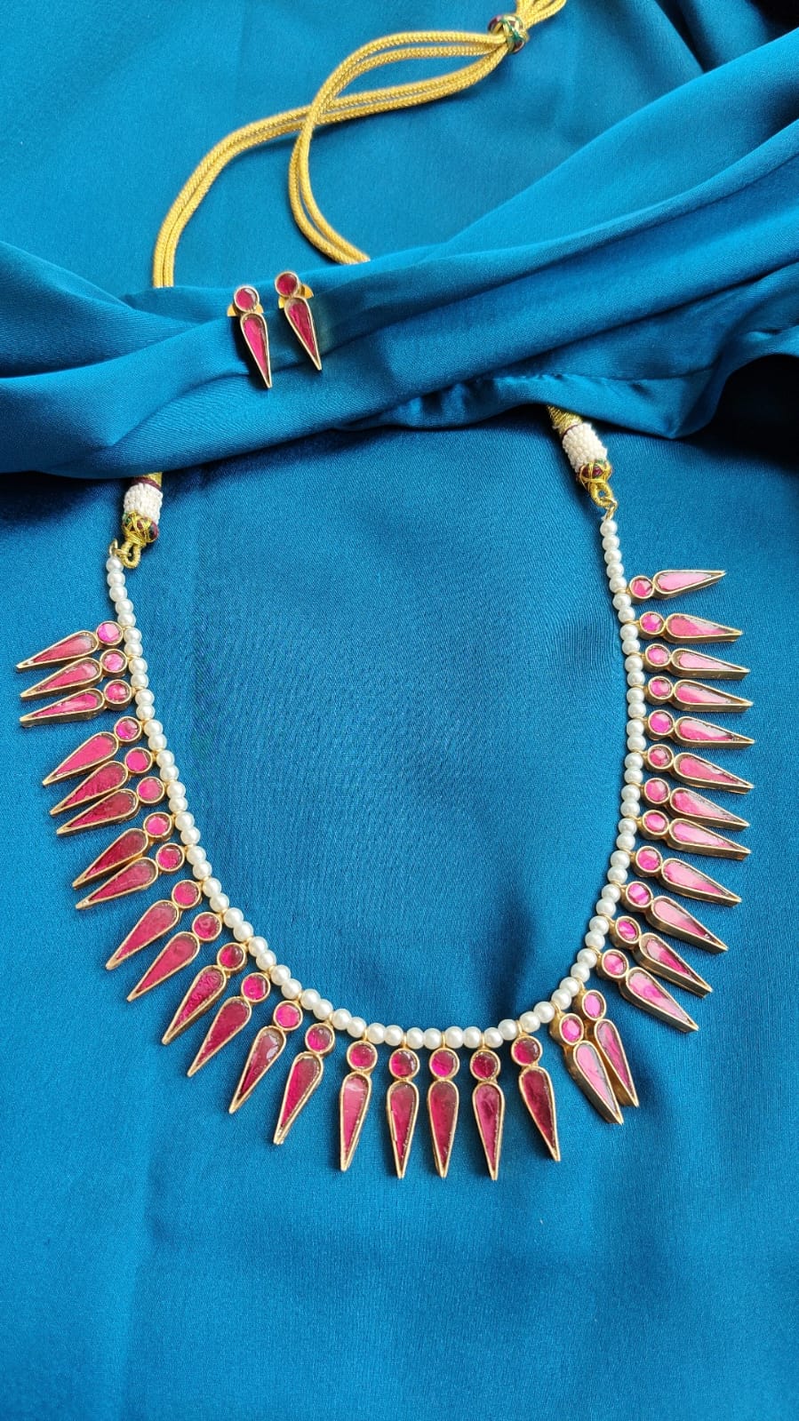 Gulabi Meenakari Necklace Set with Teardrop Motifs in Rose-Pink Enamel - Dropdeadgorgeous