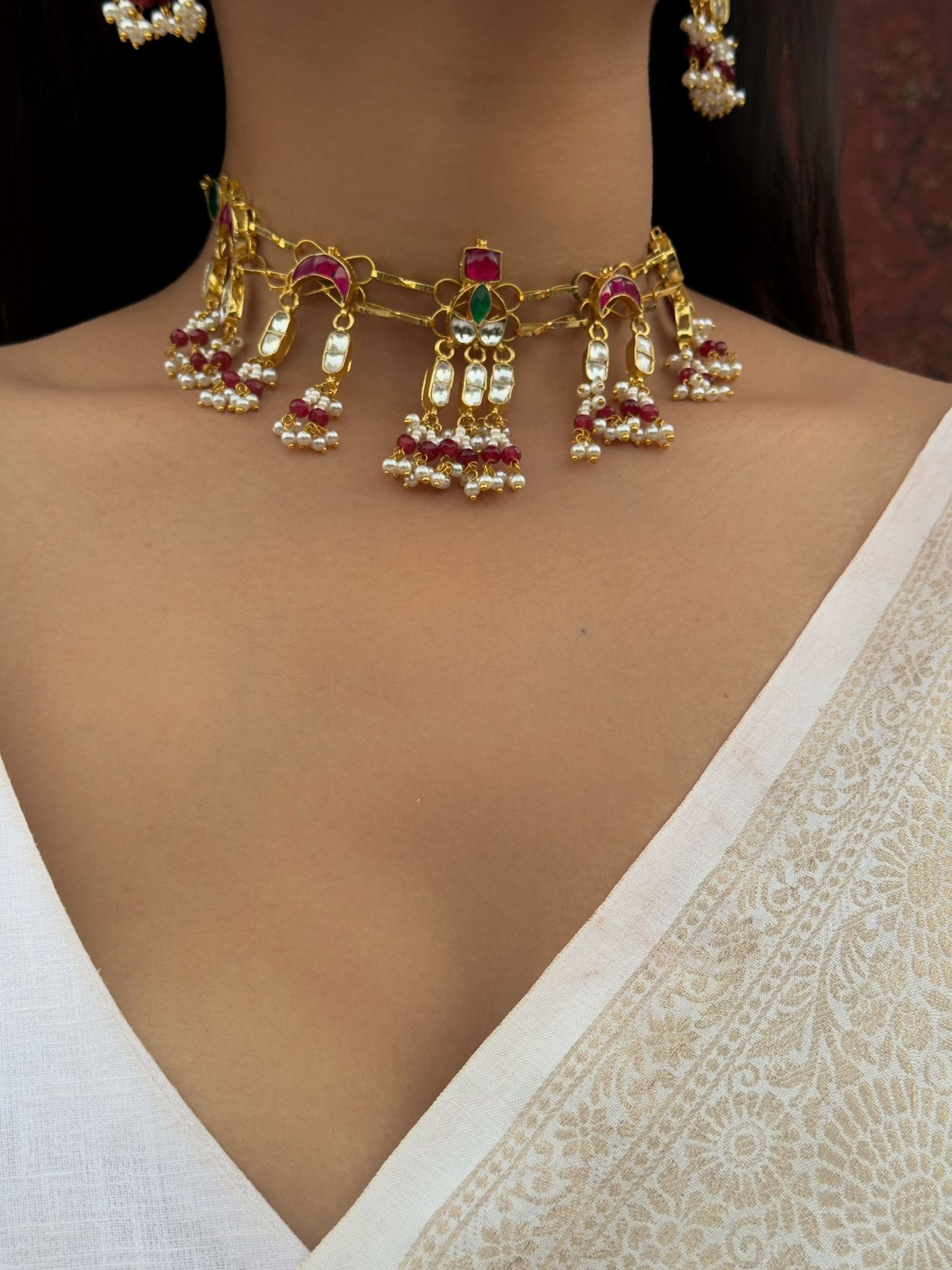 Rang-e-Noor Haar with Earrings: Elegant Gold-Tone Kundan Choker