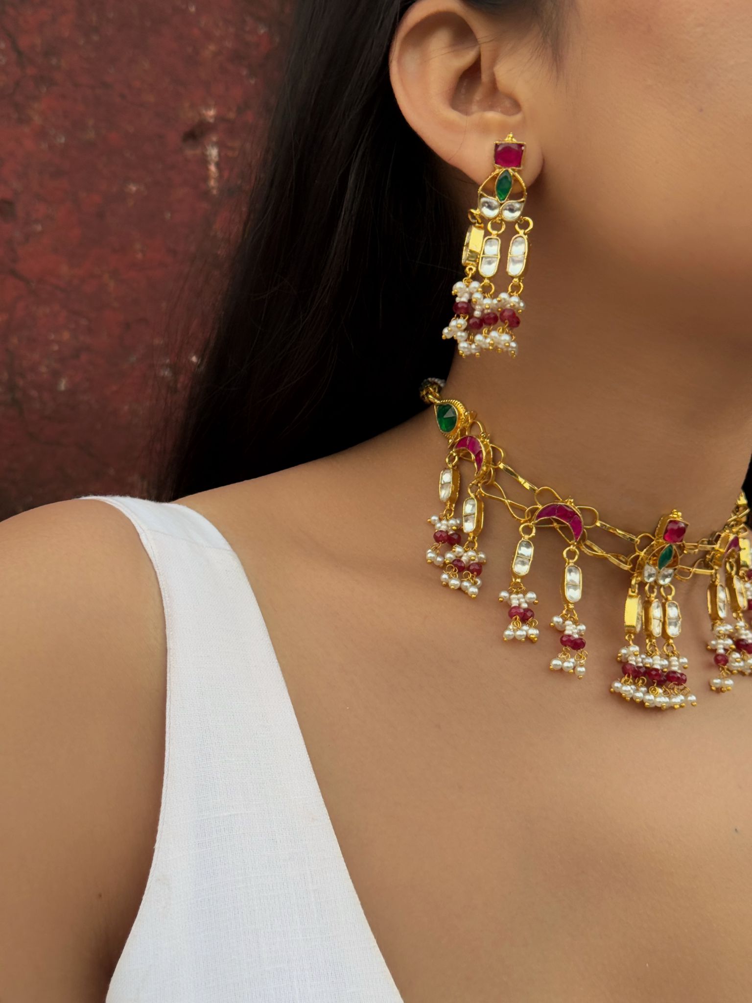 Rang-e-Noor Haar with Earrings: Elegant Gold-Tone Kundan Choker