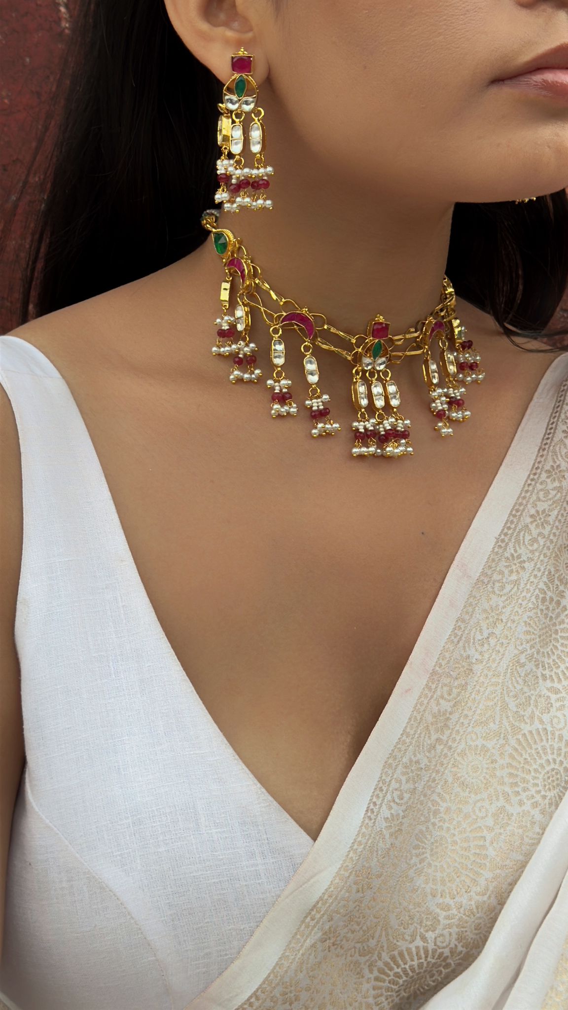 Rang-e-Noor Haar with Earrings: Elegant Gold-Tone Kundan Choker