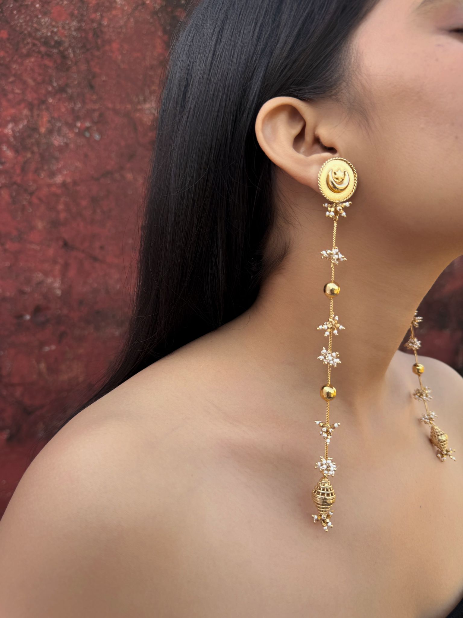 Kashmiri Dehjoor Danglers Shoulder Duster Earrings: Elegant Long Gold-Toned Floral Motif Design
