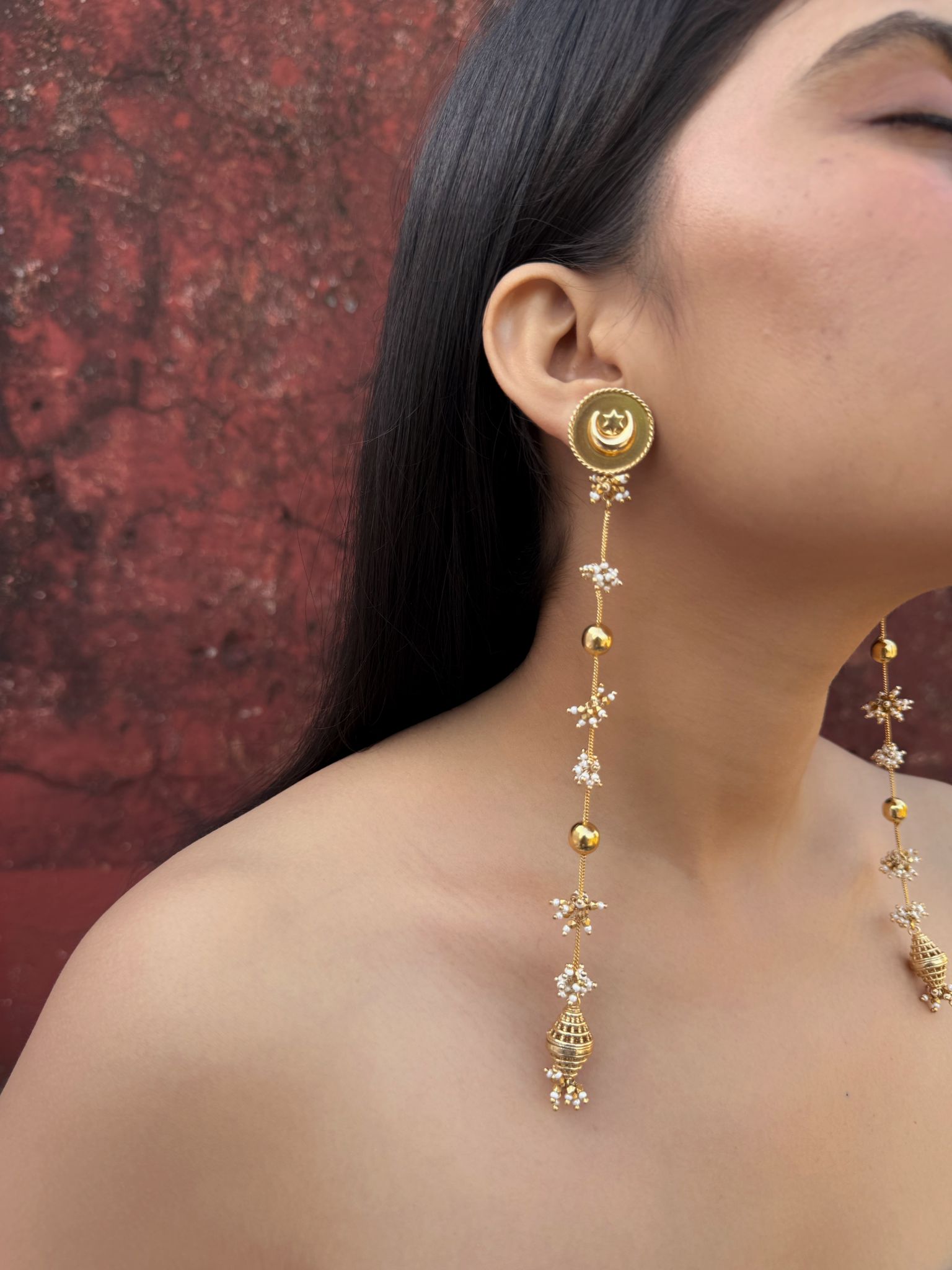 Kashmiri Dehjoor Danglers Shoulder Duster Earrings: Elegant Long Gold-Toned Floral Motif Design