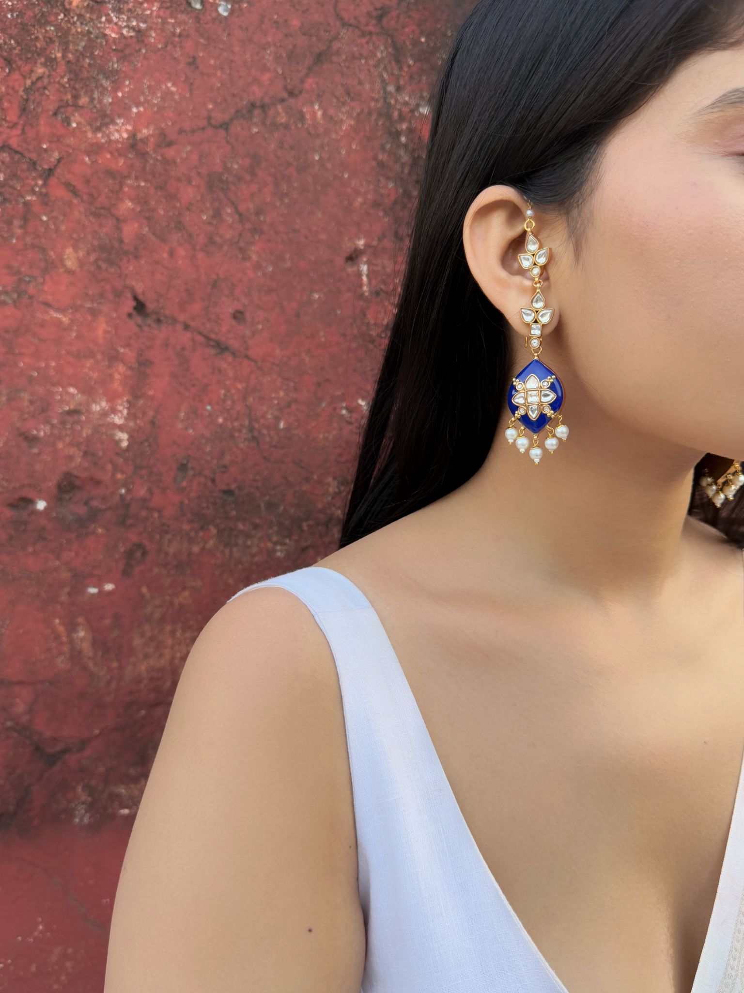 Neel Noor Earrings: Elegant Long Earrings with Blue Enamel and Kundan Work