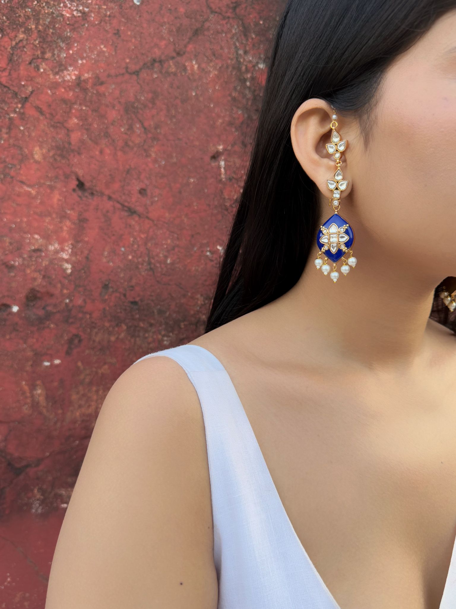 Neel Noor Earrings: Elegant Long Earrings with Blue Enamel and Kundan Work