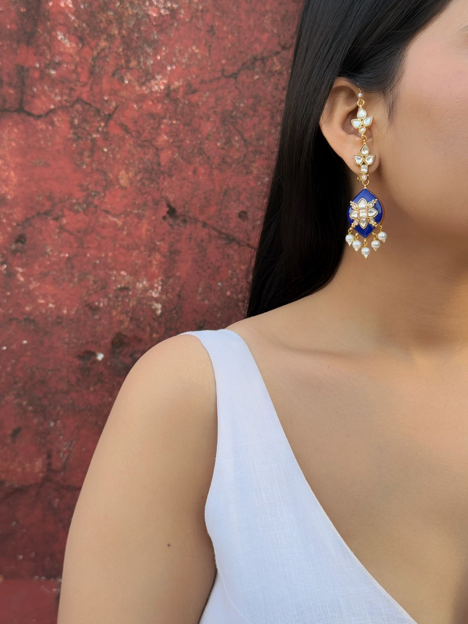 Neel Noor Earrings: Elegant Long Earrings with Blue Enamel and Kundan Work