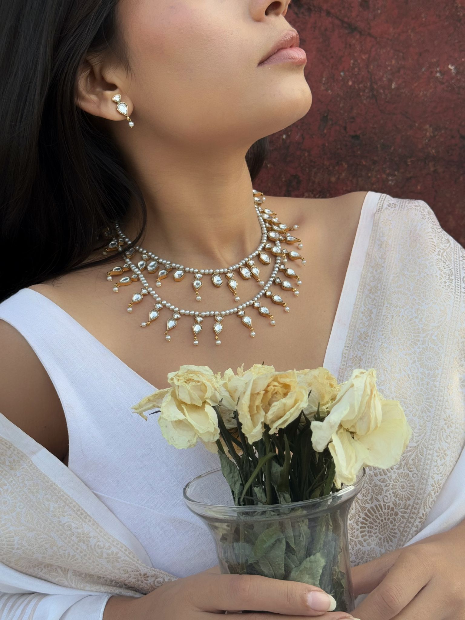 Sunehri Dastaan Haar with Drops: Stunning Double-Layer Kundan Necklace