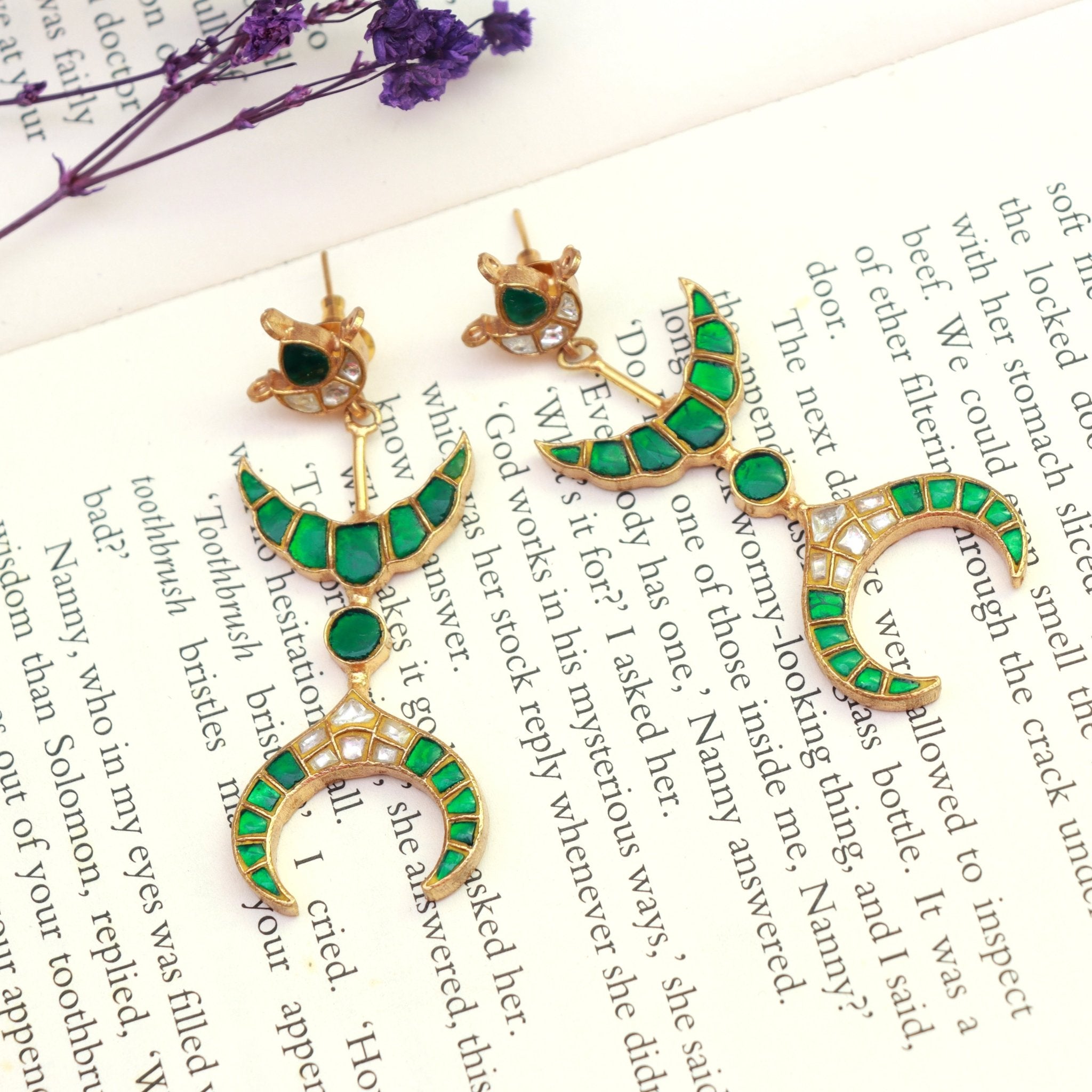 Emerald Crescent Meenakari Earrings - Dropdeadgorgeous