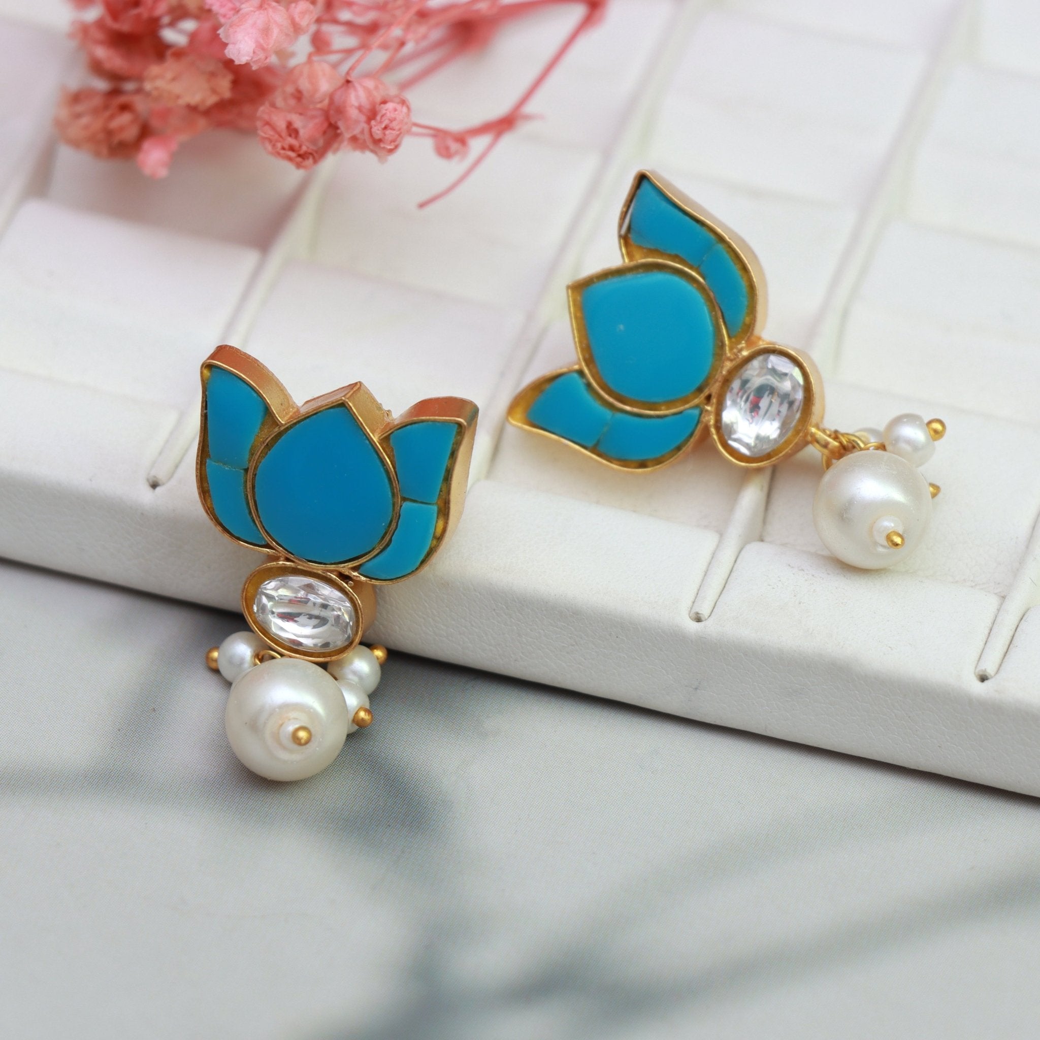 Aqua Lotus Pearl Studs - Dropdeadgorgeous