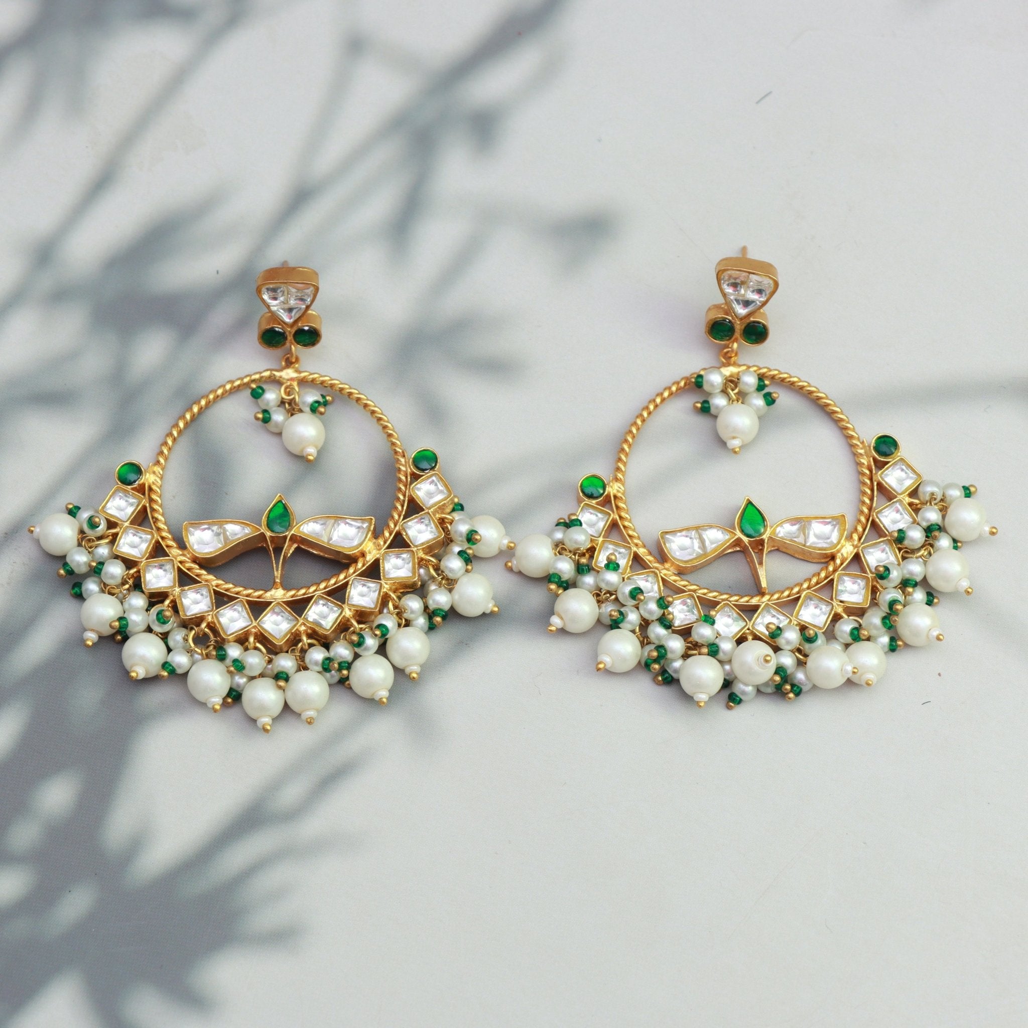 Emerald Bloom Kundan Chandbalis - Dropdeadgorgeous