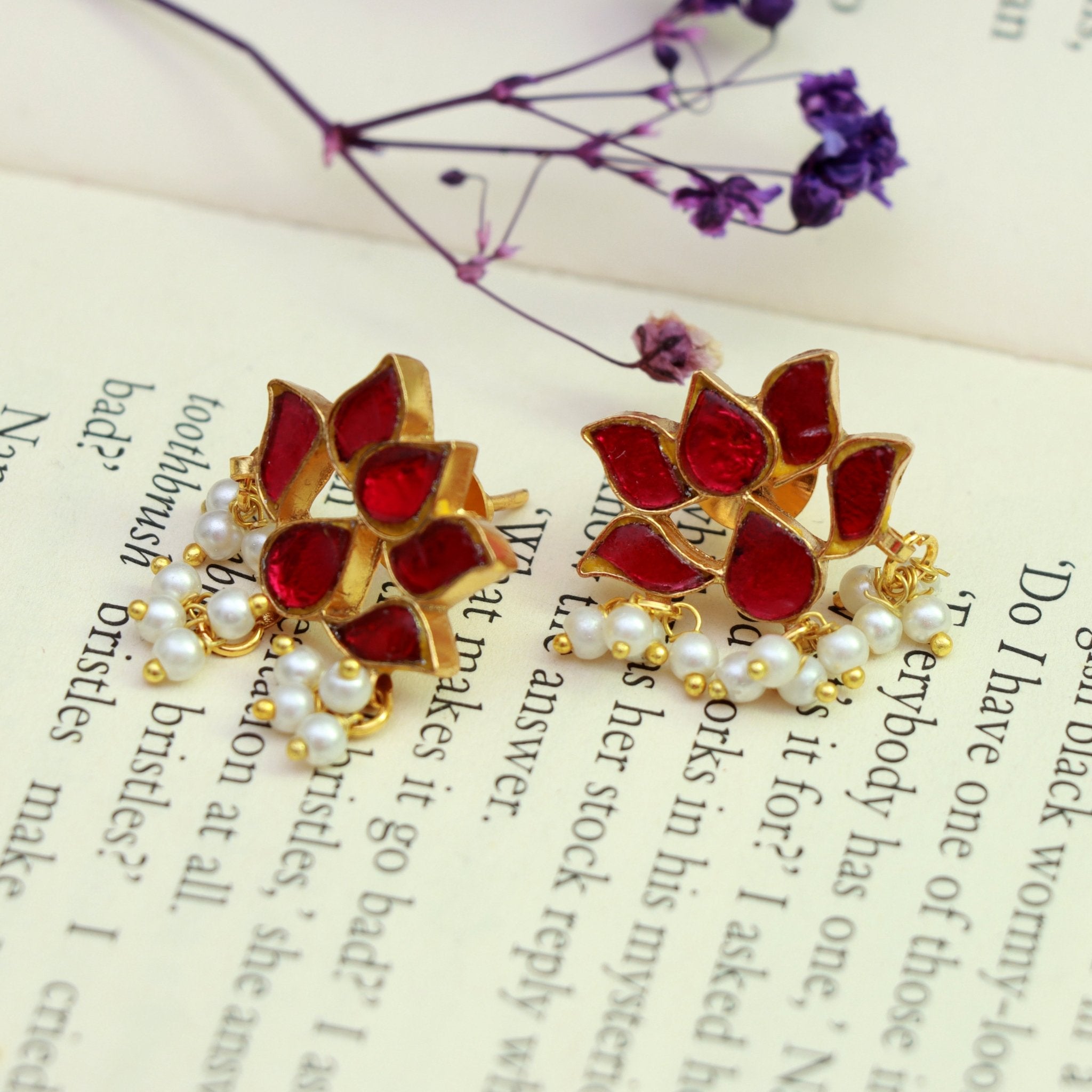 Scarlet Lotus Pearl Studs - Dropdeadgorgeous