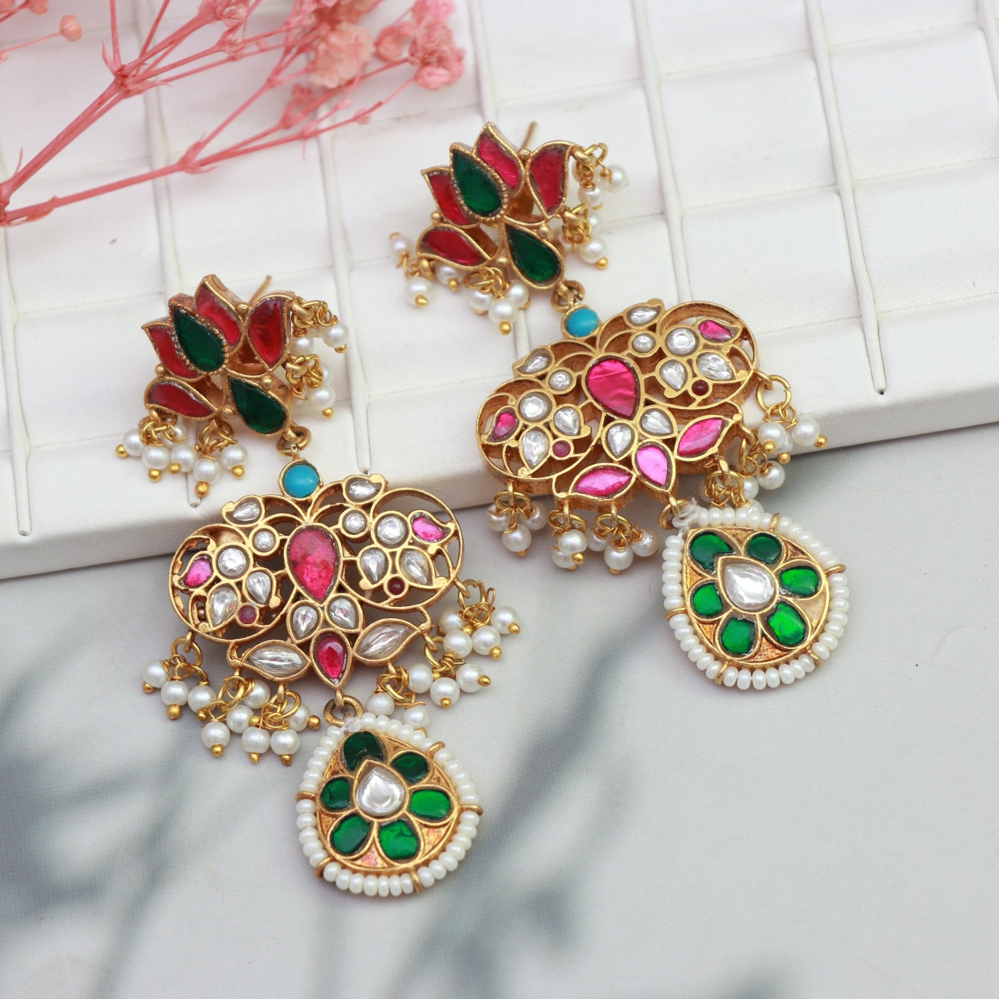 Lotus Blossom Kundan Chandbali Earrings - Dropdeadgorgeous