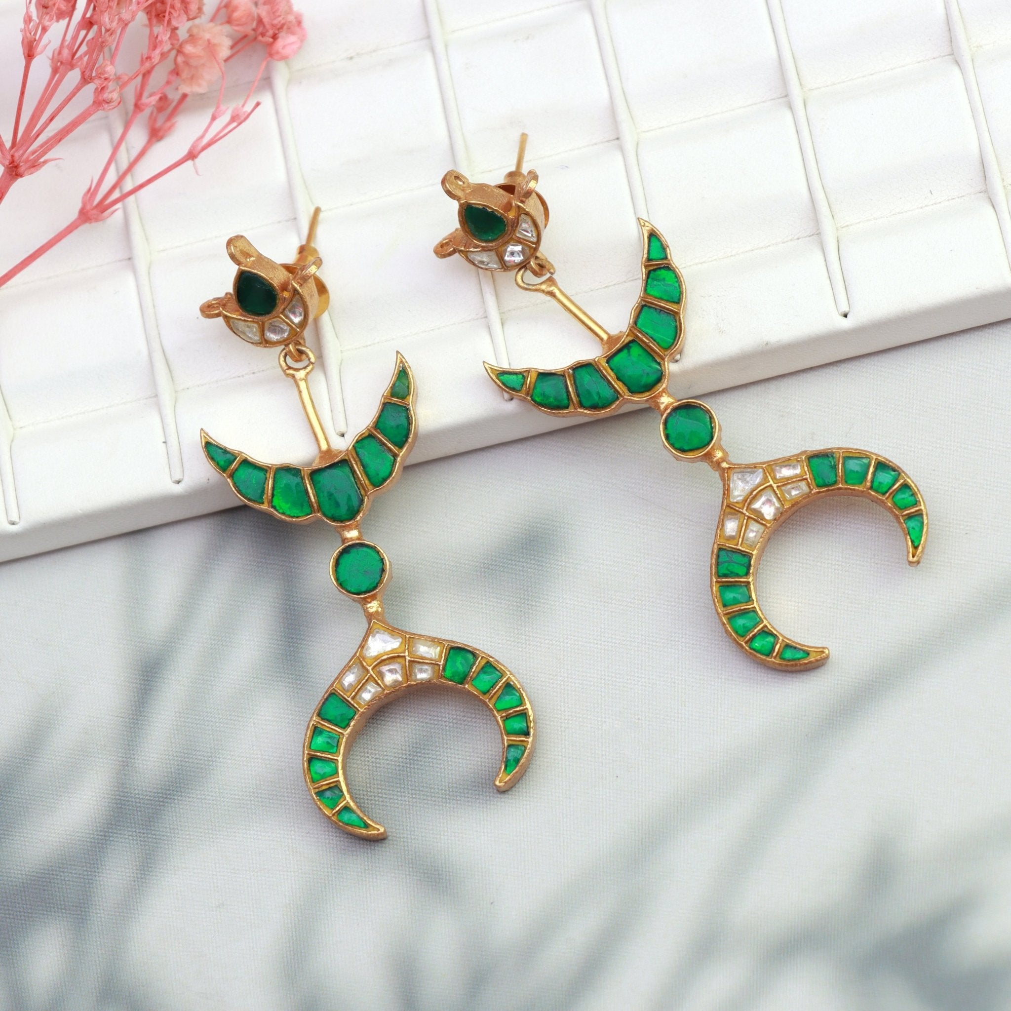 Emerald Crescent Meenakari Earrings - Dropdeadgorgeous