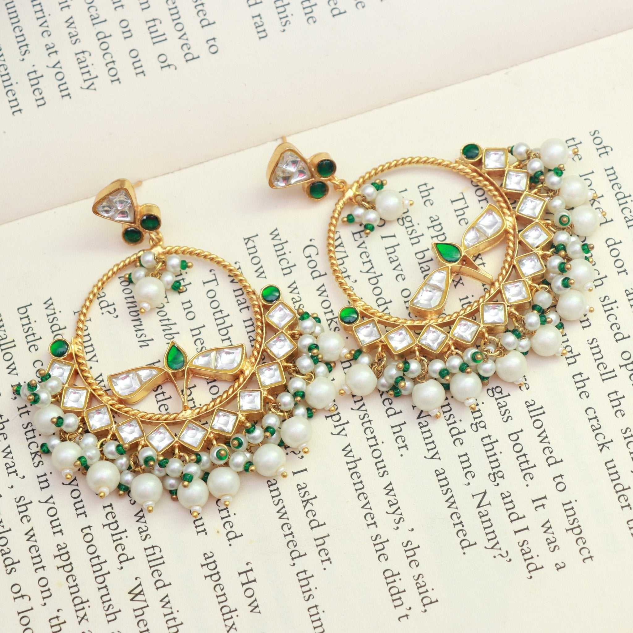 Emerald Bloom Kundan Chandbalis - Dropdeadgorgeous