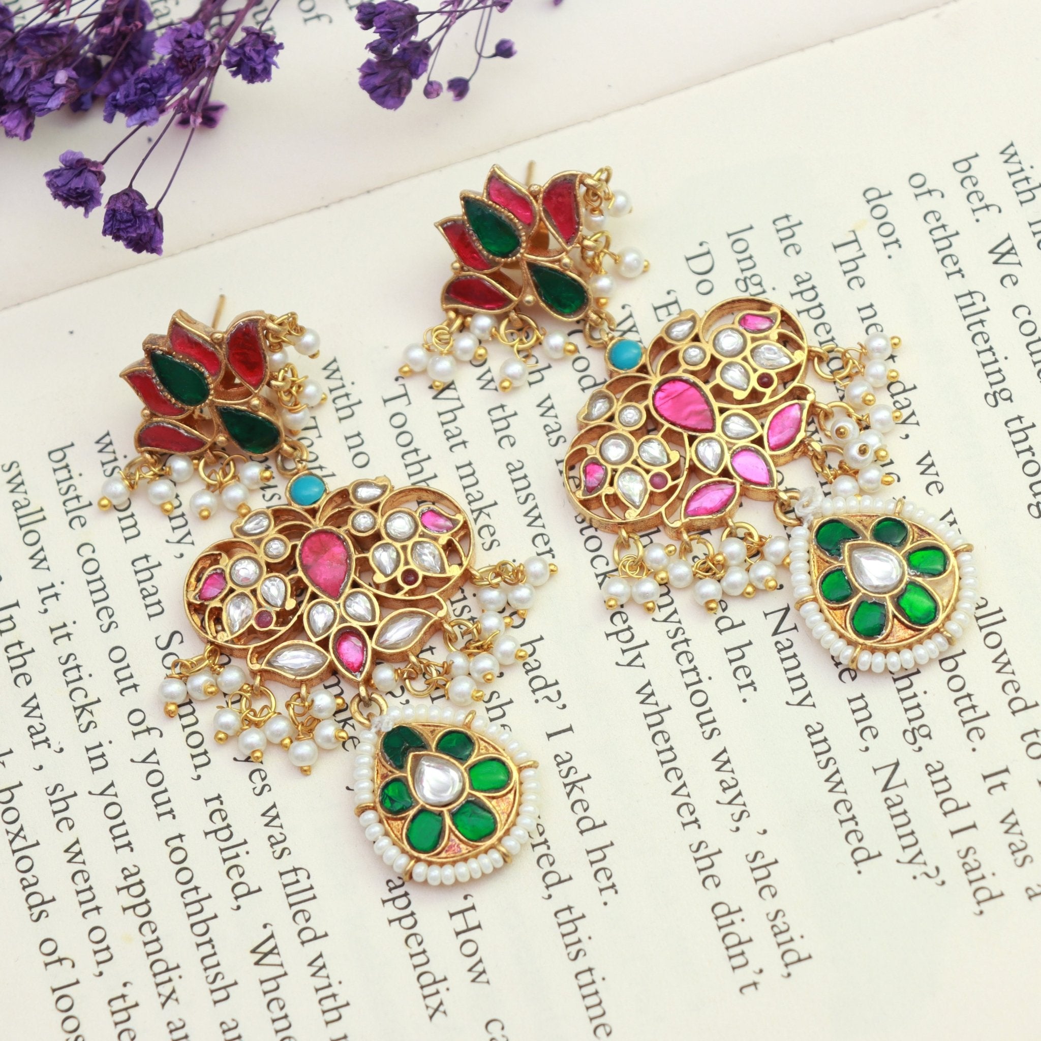 Lotus Blossom Kundan Chandbali Earrings - Dropdeadgorgeous