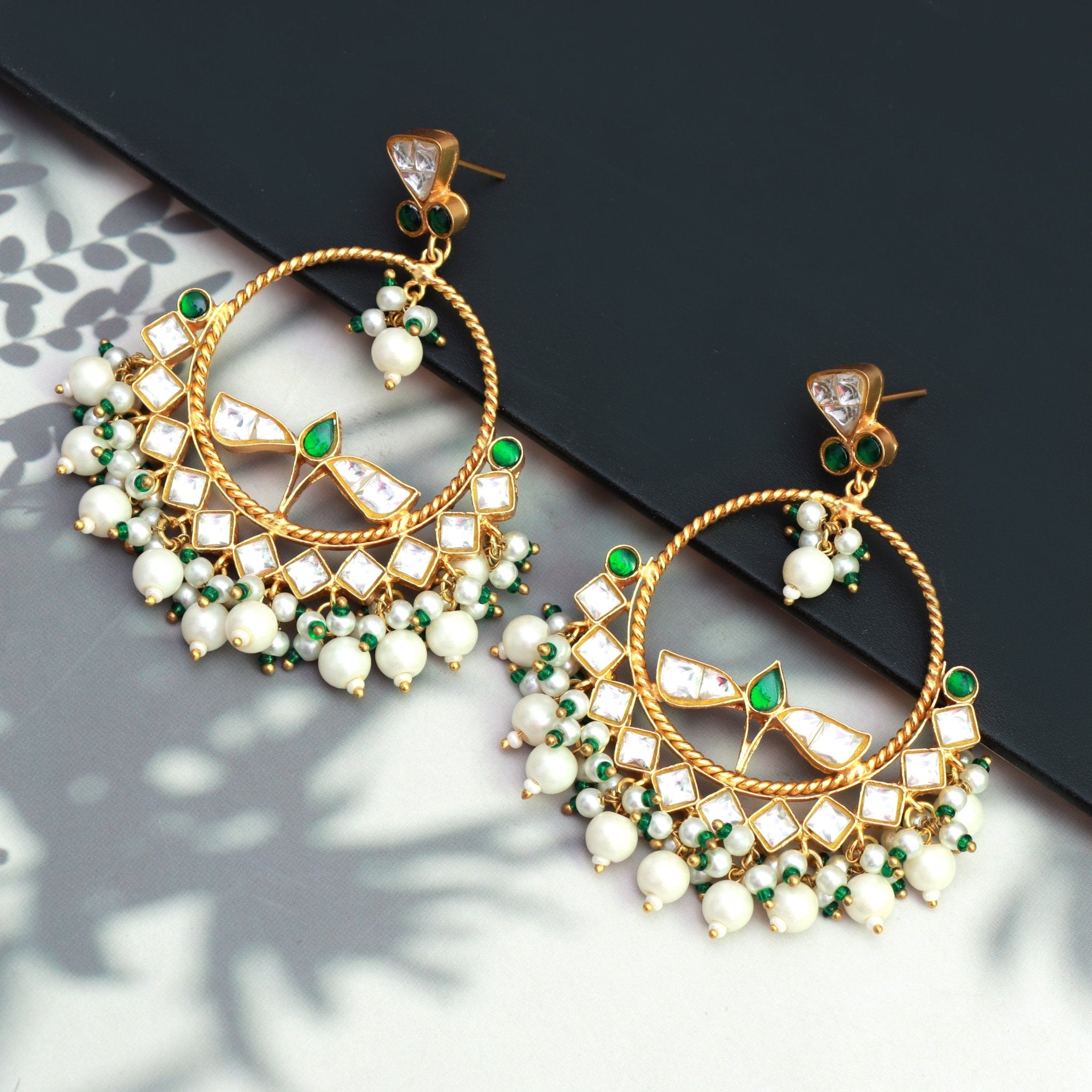 Emerald Bloom Kundan Chandbalis - Dropdeadgorgeous