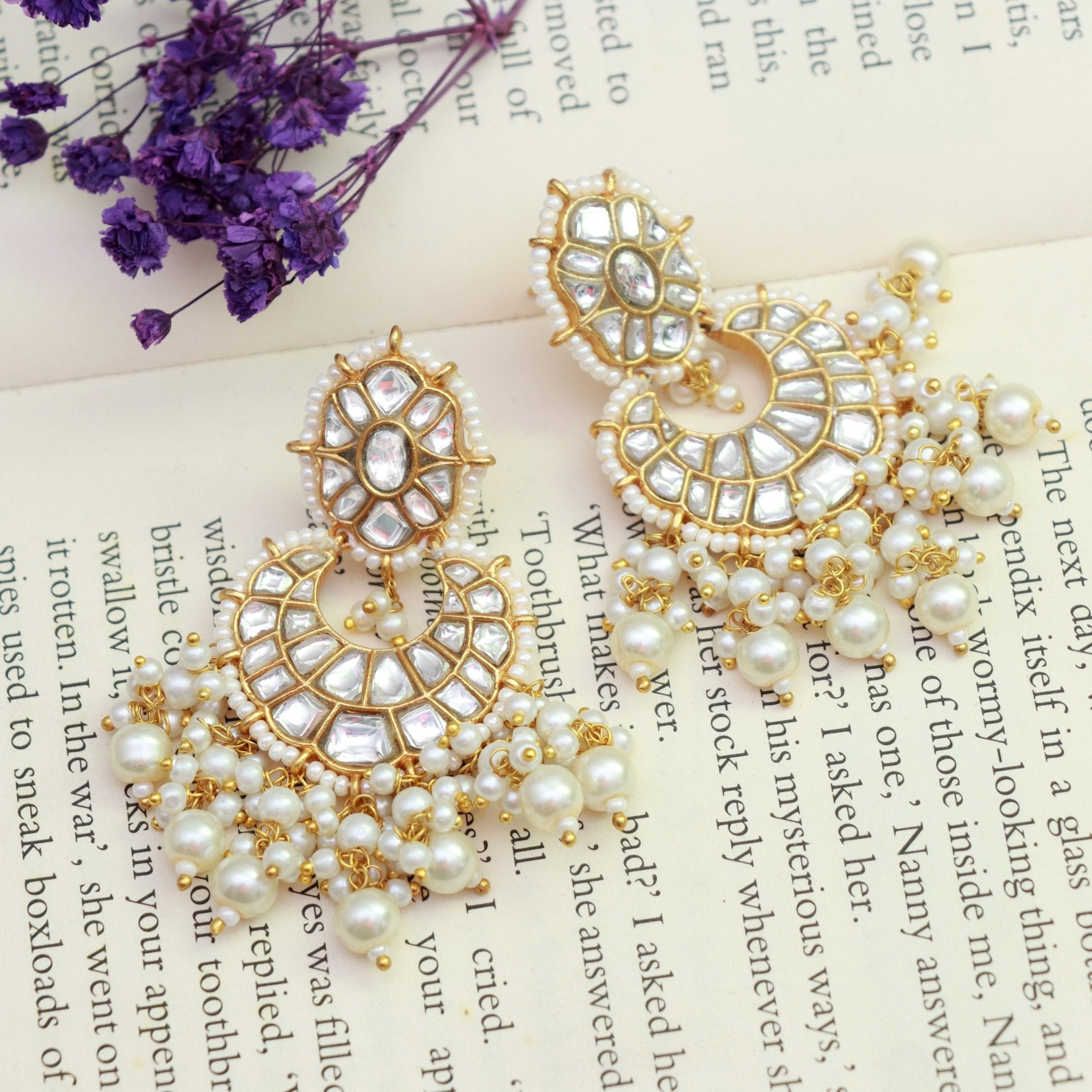Pearl Majesty Kundan Chandbalis - Dropdeadgorgeous