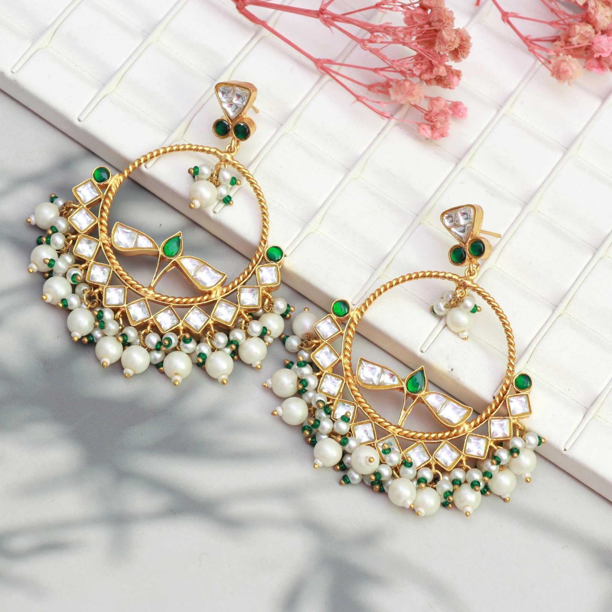 Emerald Bloom Kundan Chandbalis - Dropdeadgorgeous