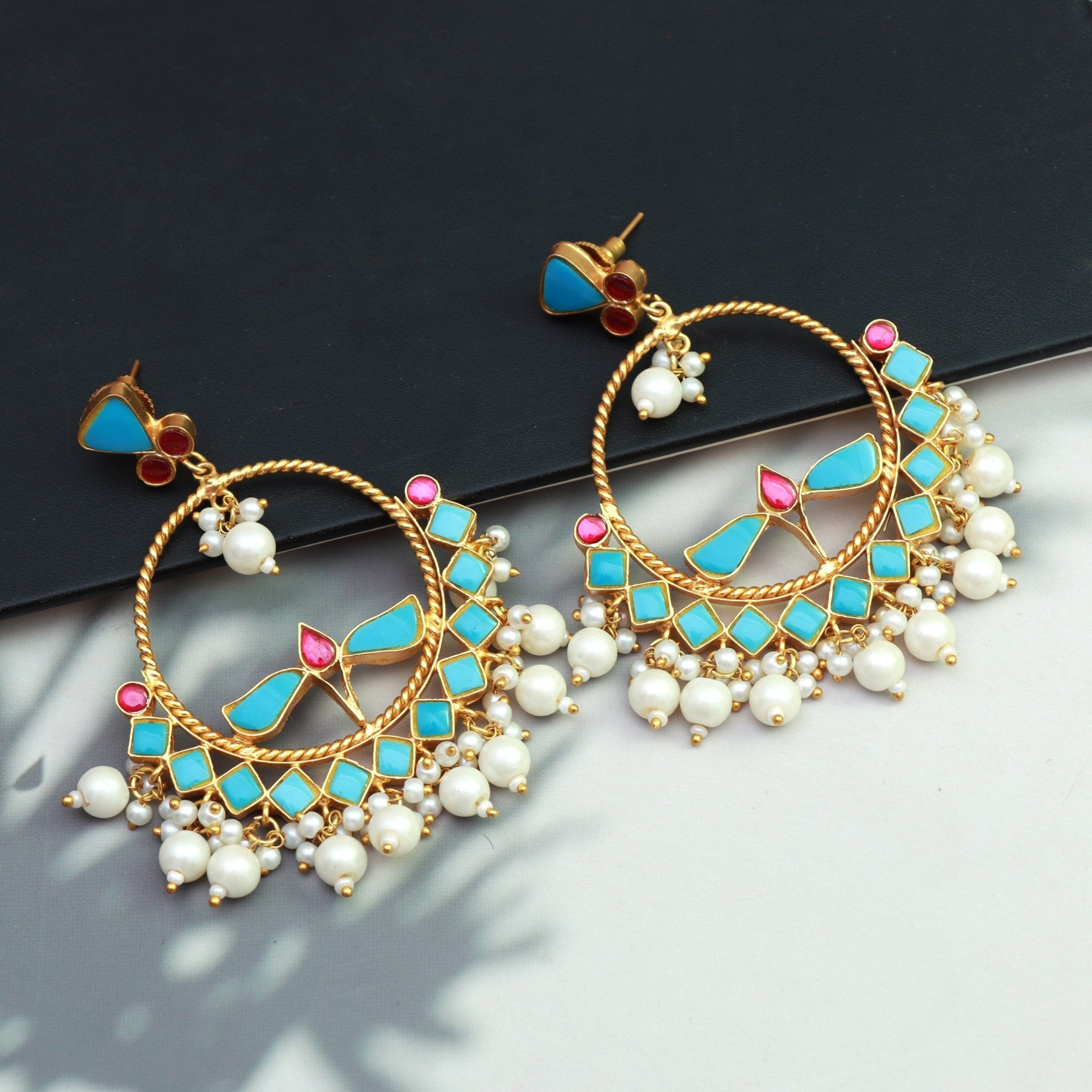 Azure Elegance Kundan Chandbalis - Dropdeadgorgeous