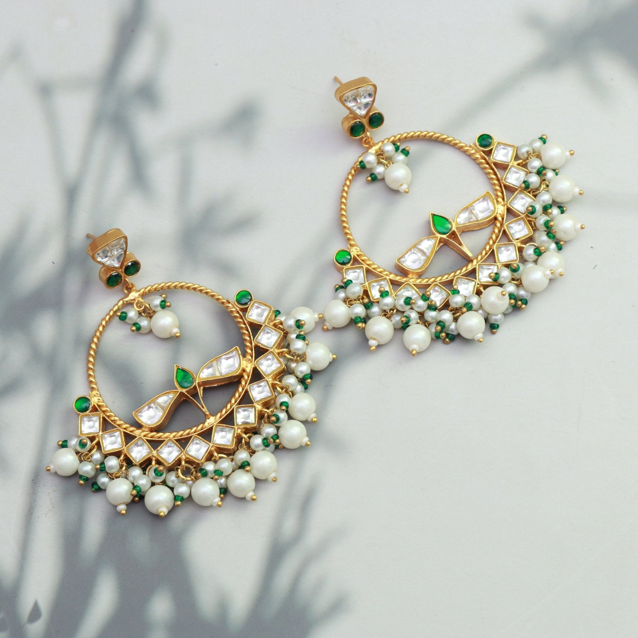 Emerald Bloom Kundan Chandbalis - Dropdeadgorgeous