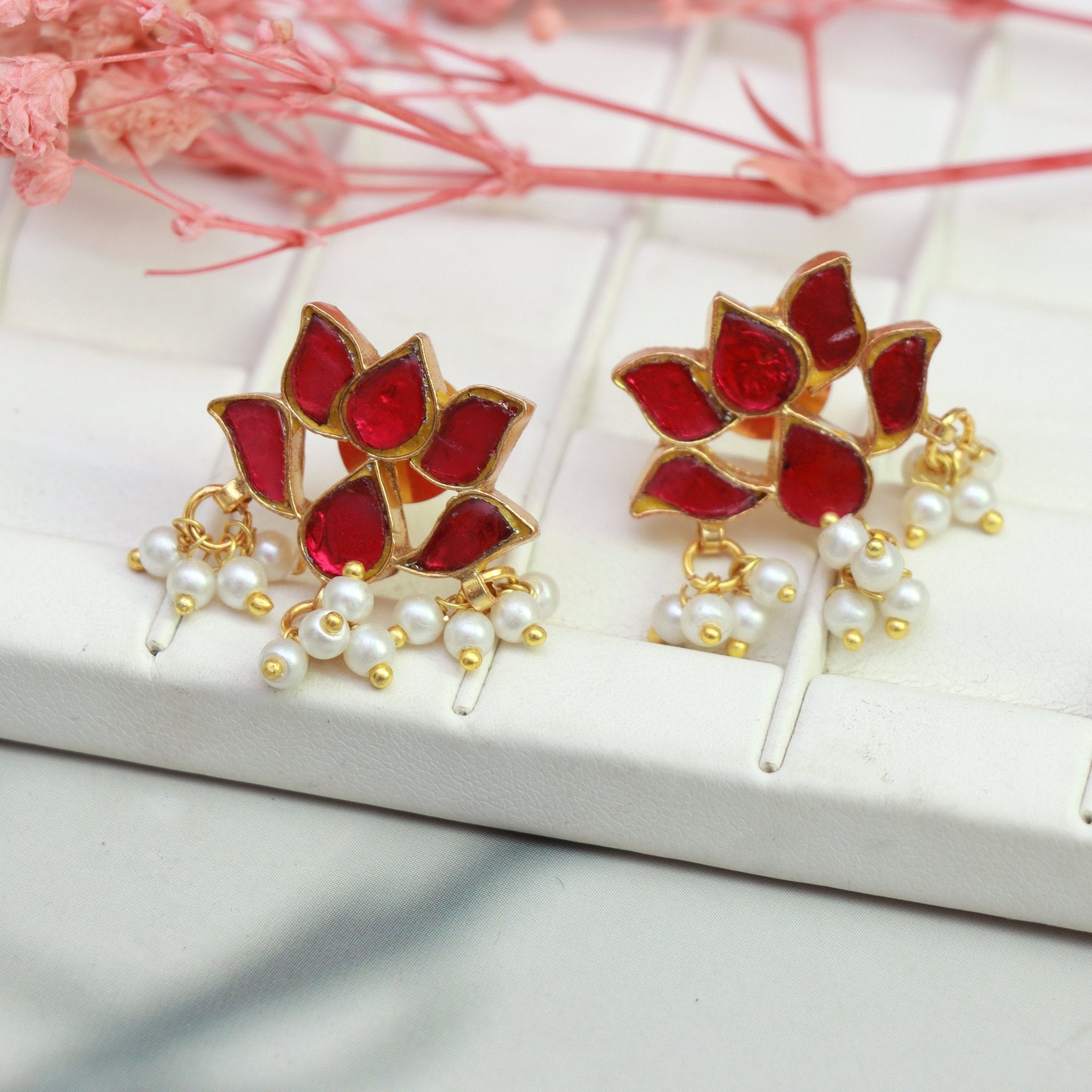 Scarlet Lotus Pearl Studs - Dropdeadgorgeous