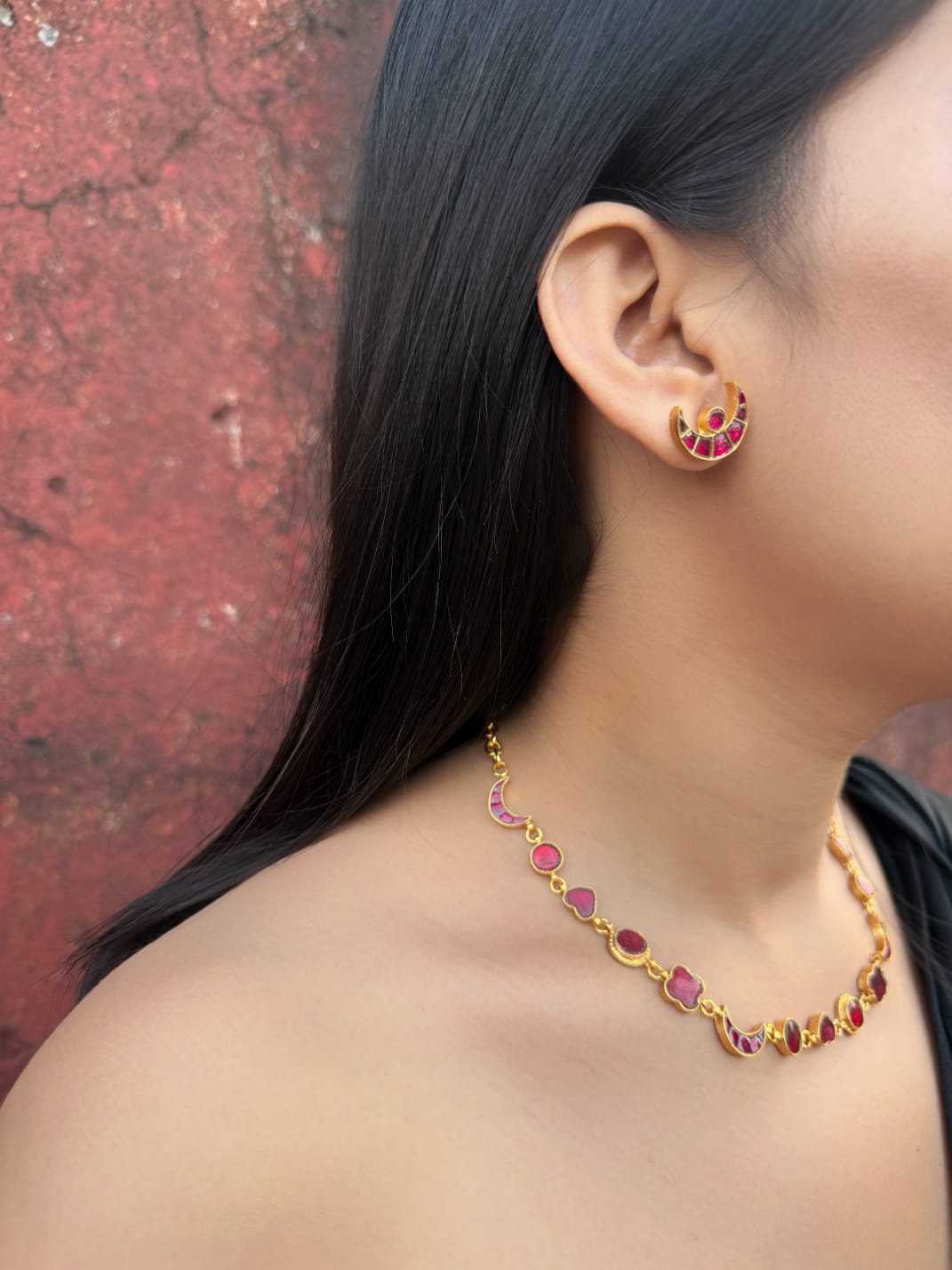 Red Love Clover-Dil-Chand Neckpiece with Chand Studs - Dropdeadgorgeous