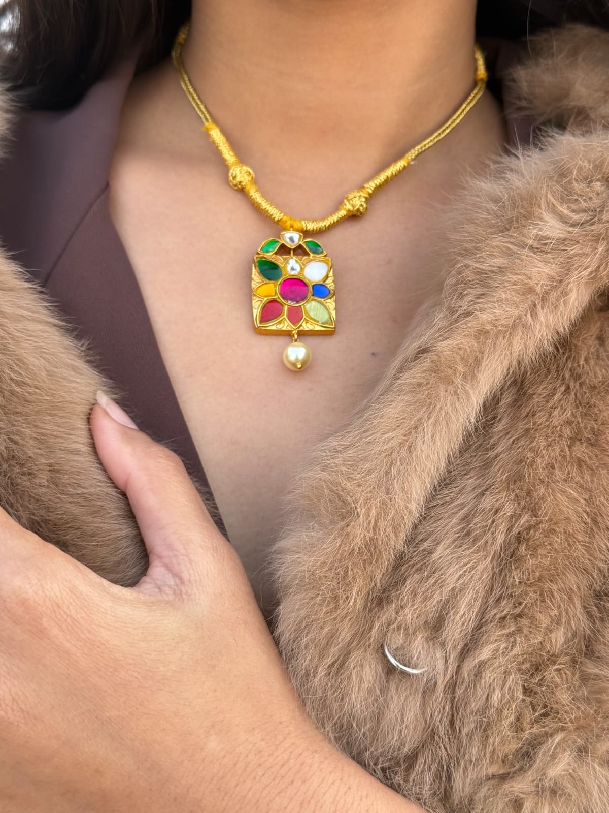 Navratan 9 Choki Pendant with Sunheri Dori - Dropdeadgorgeous