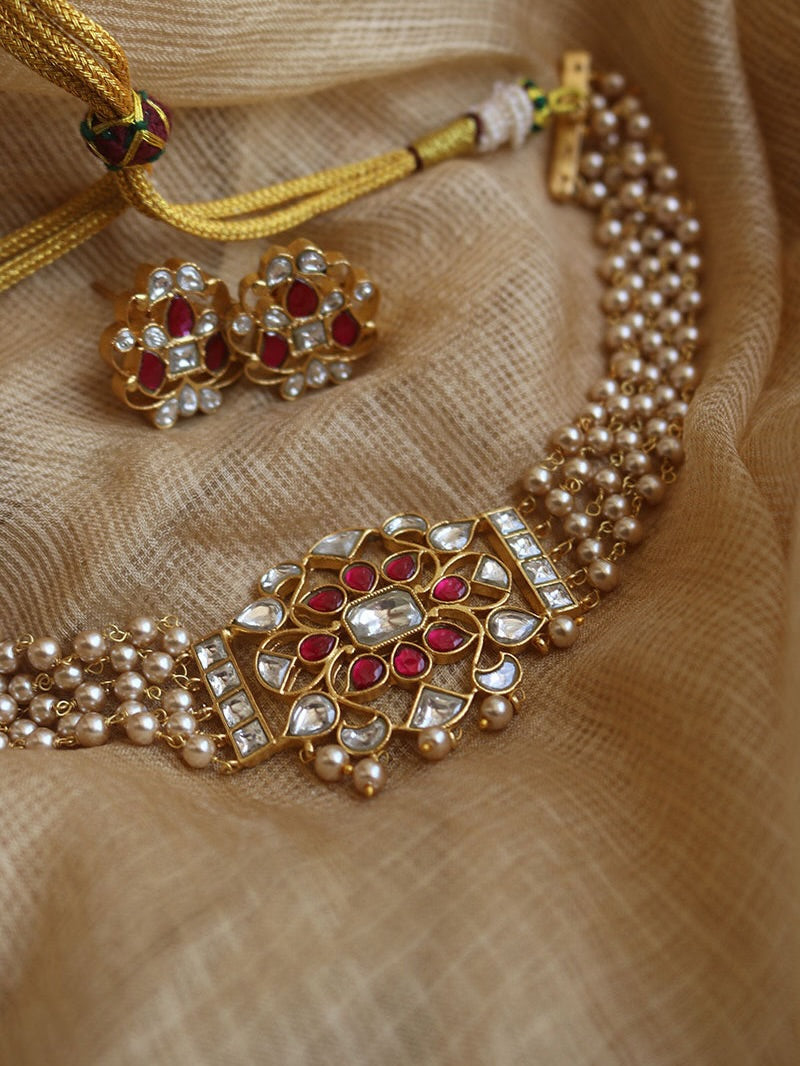 Priyadarshini Kundan Chokker Golden Pearls String with Studs - Dropdeadgorgeous