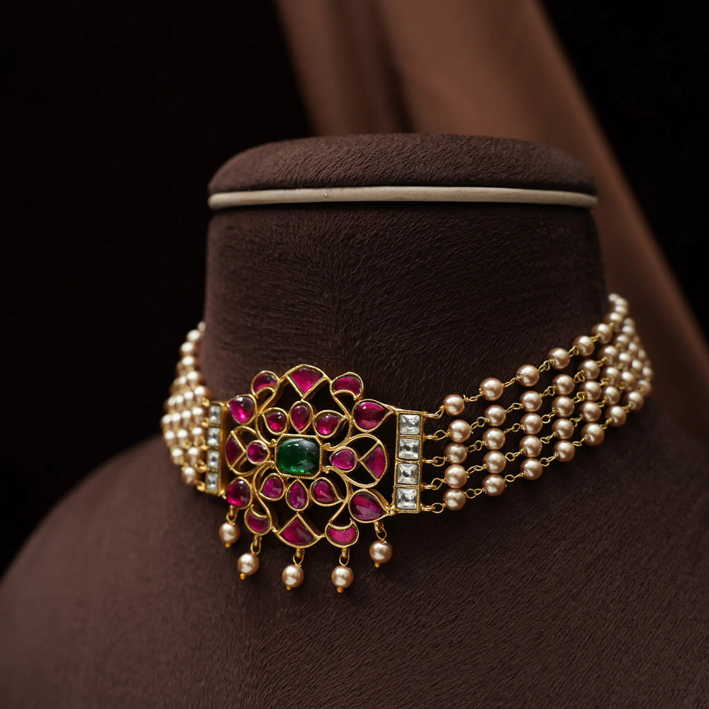 Priyadarshini Kundan Chokker Golden Pearls String with Studs - Dropdeadgorgeous