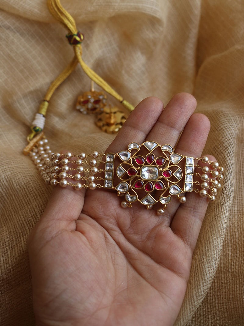 Priyadarshini Kundan Chokker Golden Pearls String with Studs - Dropdeadgorgeous