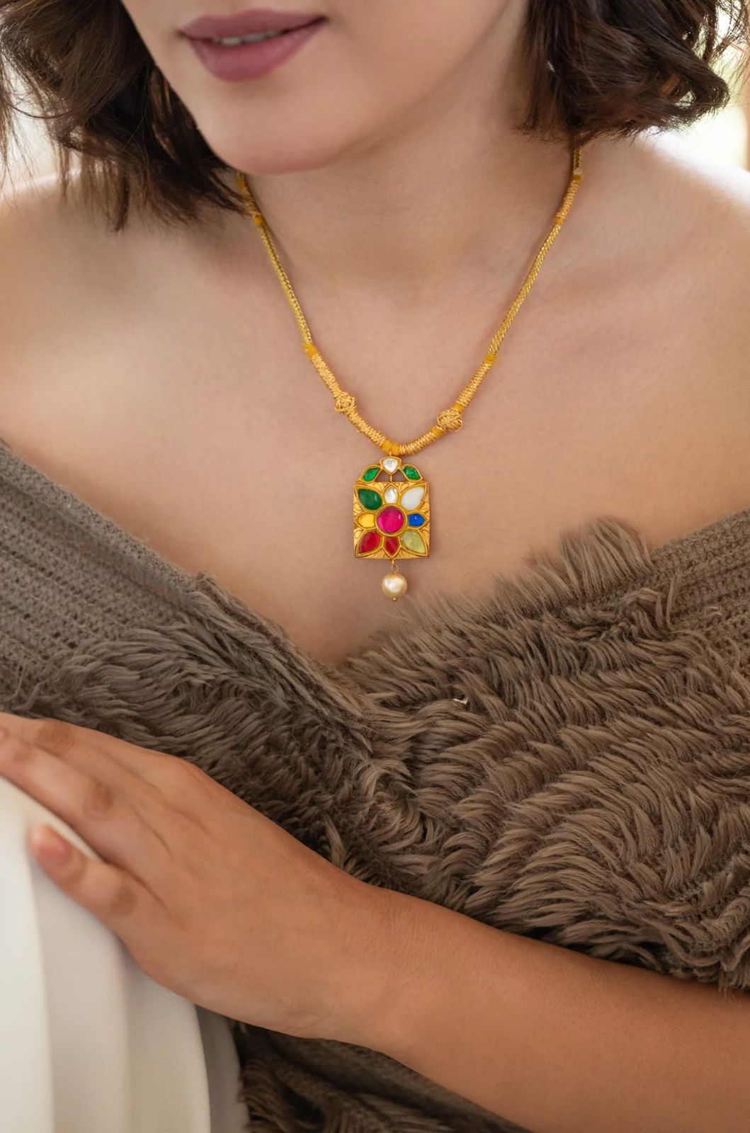 Navratan 9 Choki Pendant with Sunheri Dori - Dropdeadgorgeous