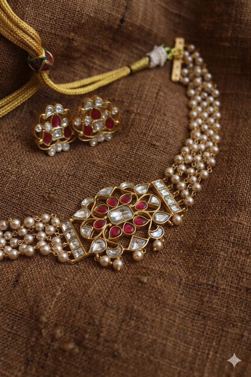 Priyadarshini Kundan Chokker Golden Pearls String with Studs - Dropdeadgorgeous