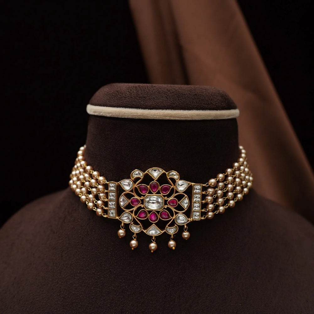Priyadarshini Kundan Chokker Golden Pearls String with Studs - Dropdeadgorgeous