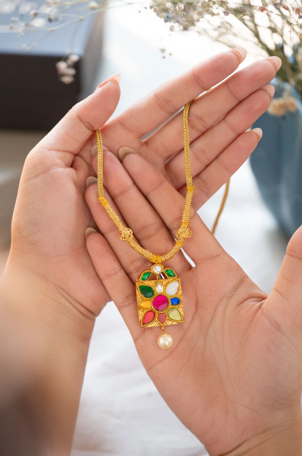 Navratan 9 Choki Pendant with Sunheri Dori - Dropdeadgorgeous