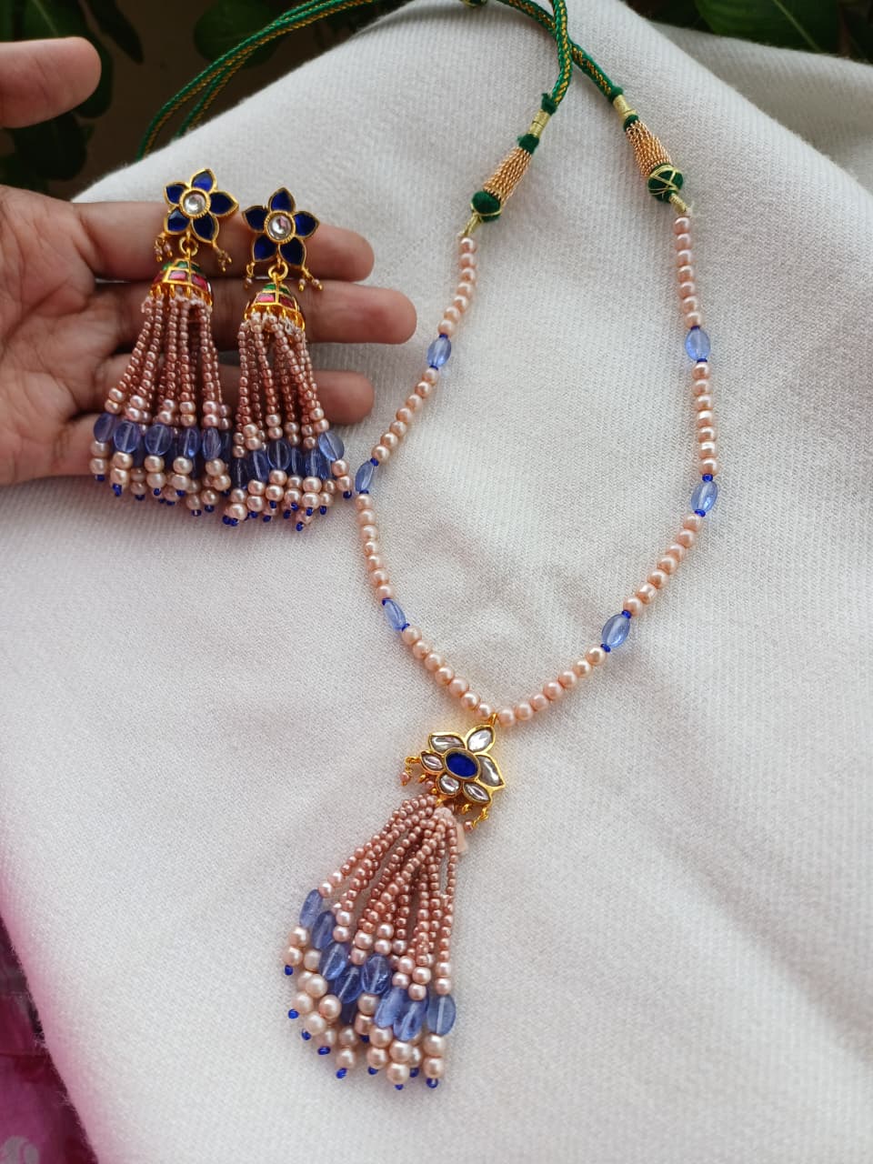 Tassel Lotus Pendant with Jhumki in Rose Gold Pearls - Dropdeadgorgeous
