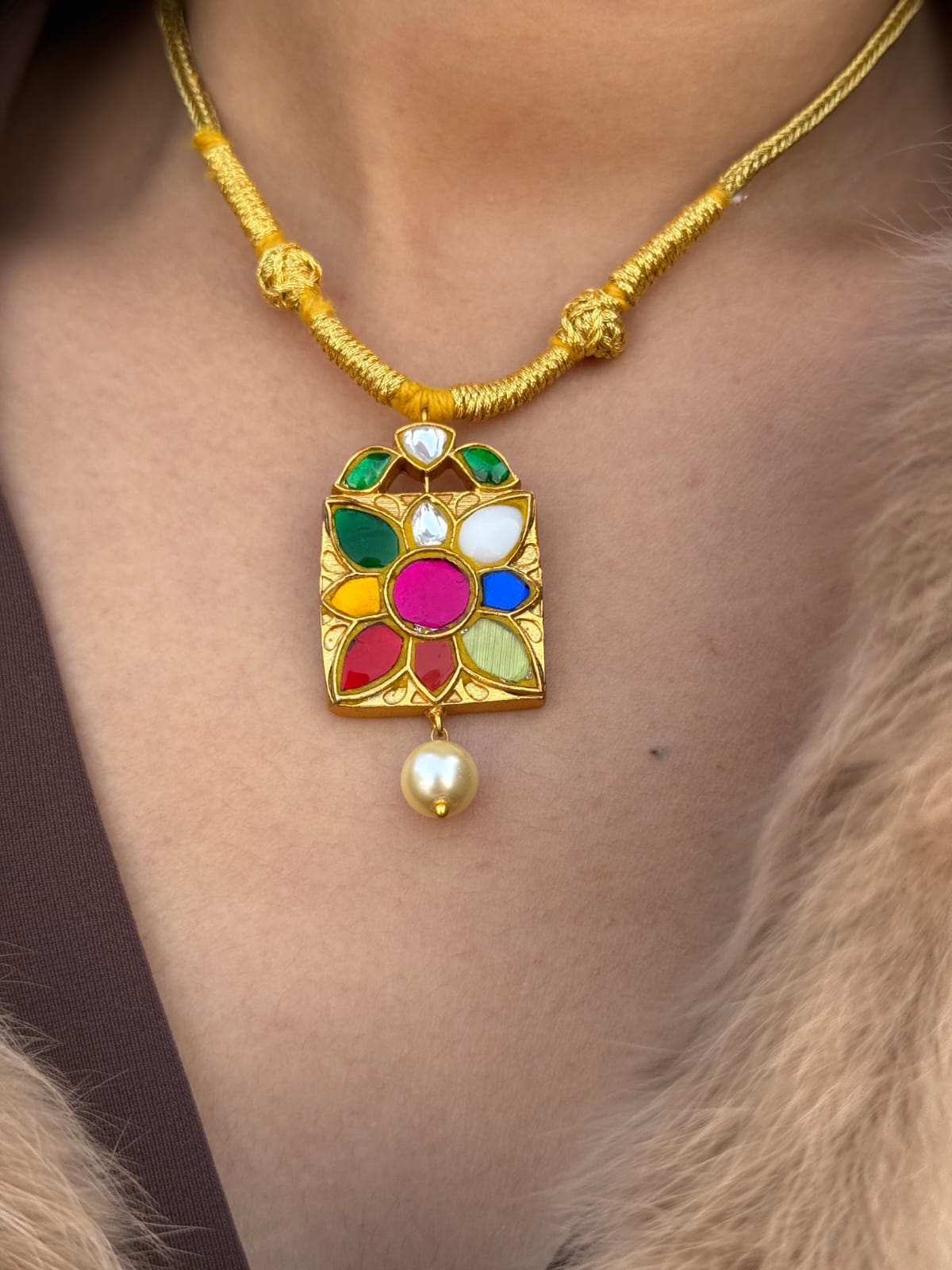 Navratan 9 Choki Pendant with Sunheri Dori - Dropdeadgorgeous