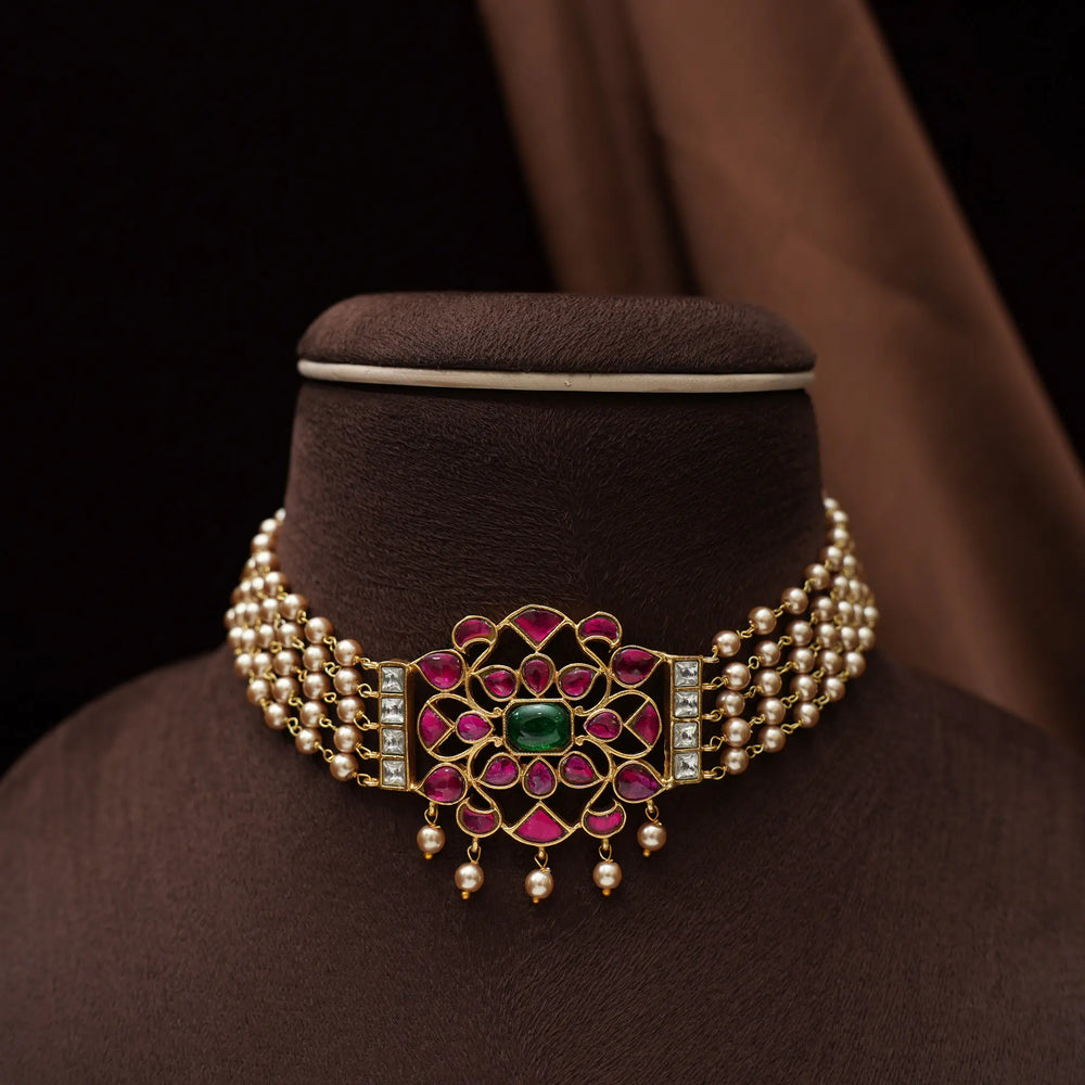 Priyadarshini Kundan Chokker Golden Pearls String with Studs - Dropdeadgorgeous