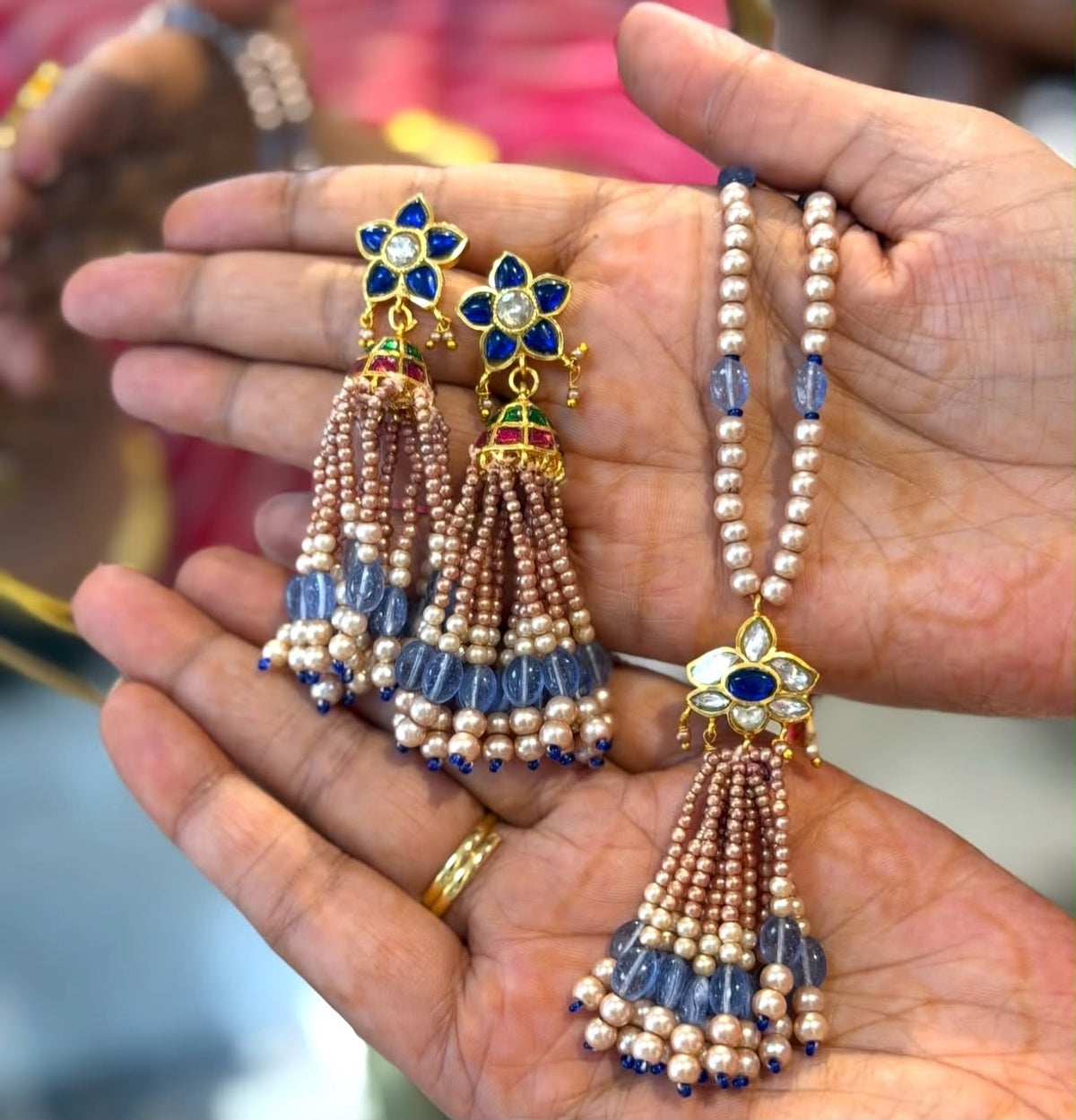 Tassel Lotus Pendant with Jhumki in Rose Gold Pearls - Dropdeadgorgeous
