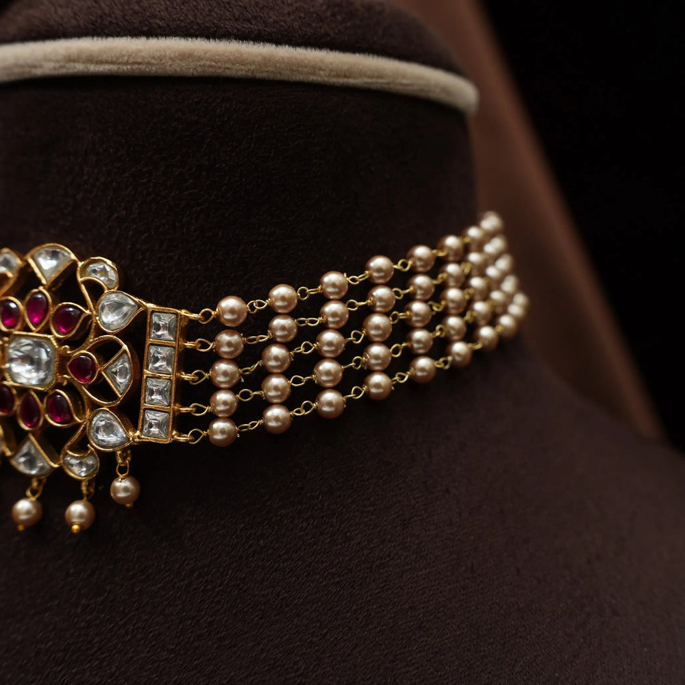 Priyadarshini Kundan Chokker Golden Pearls String with Studs - Dropdeadgorgeous