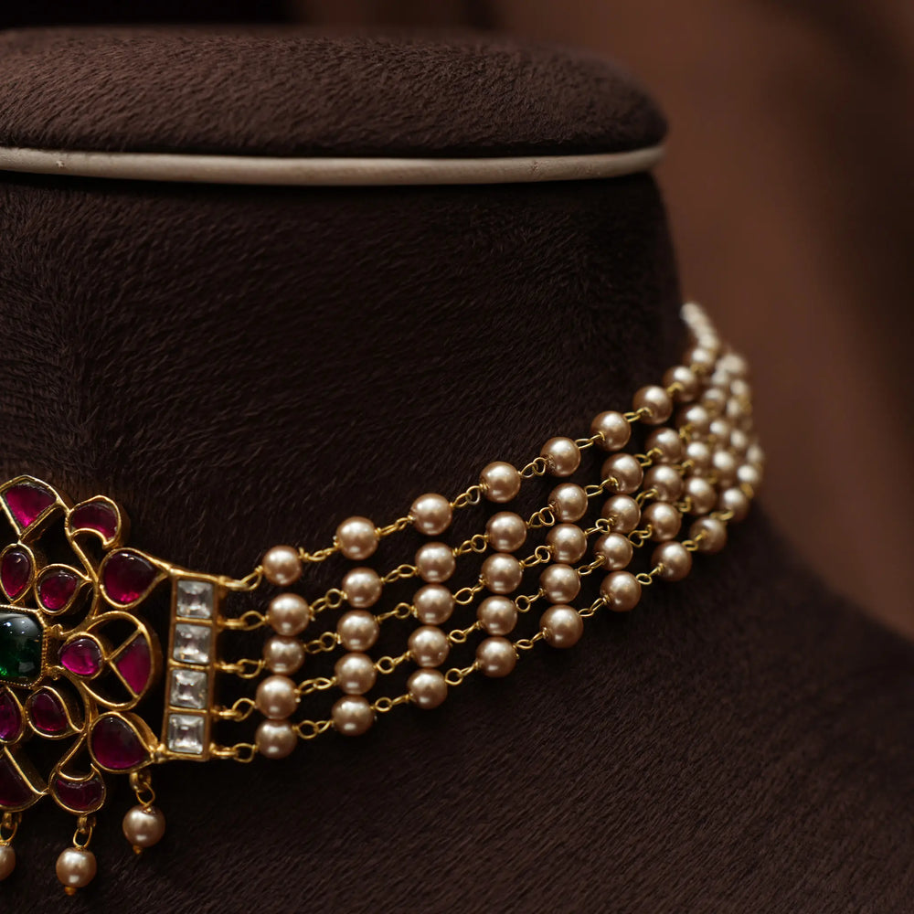Priyadarshini Kundan Chokker Golden Pearls String with Studs - Dropdeadgorgeous