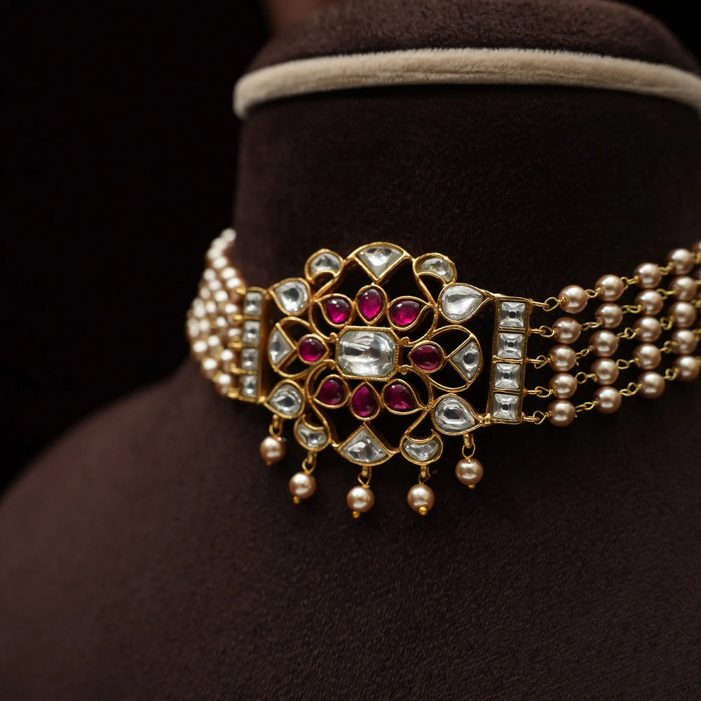 Priyadarshini Kundan Chokker Golden Pearls String with Studs - Dropdeadgorgeous