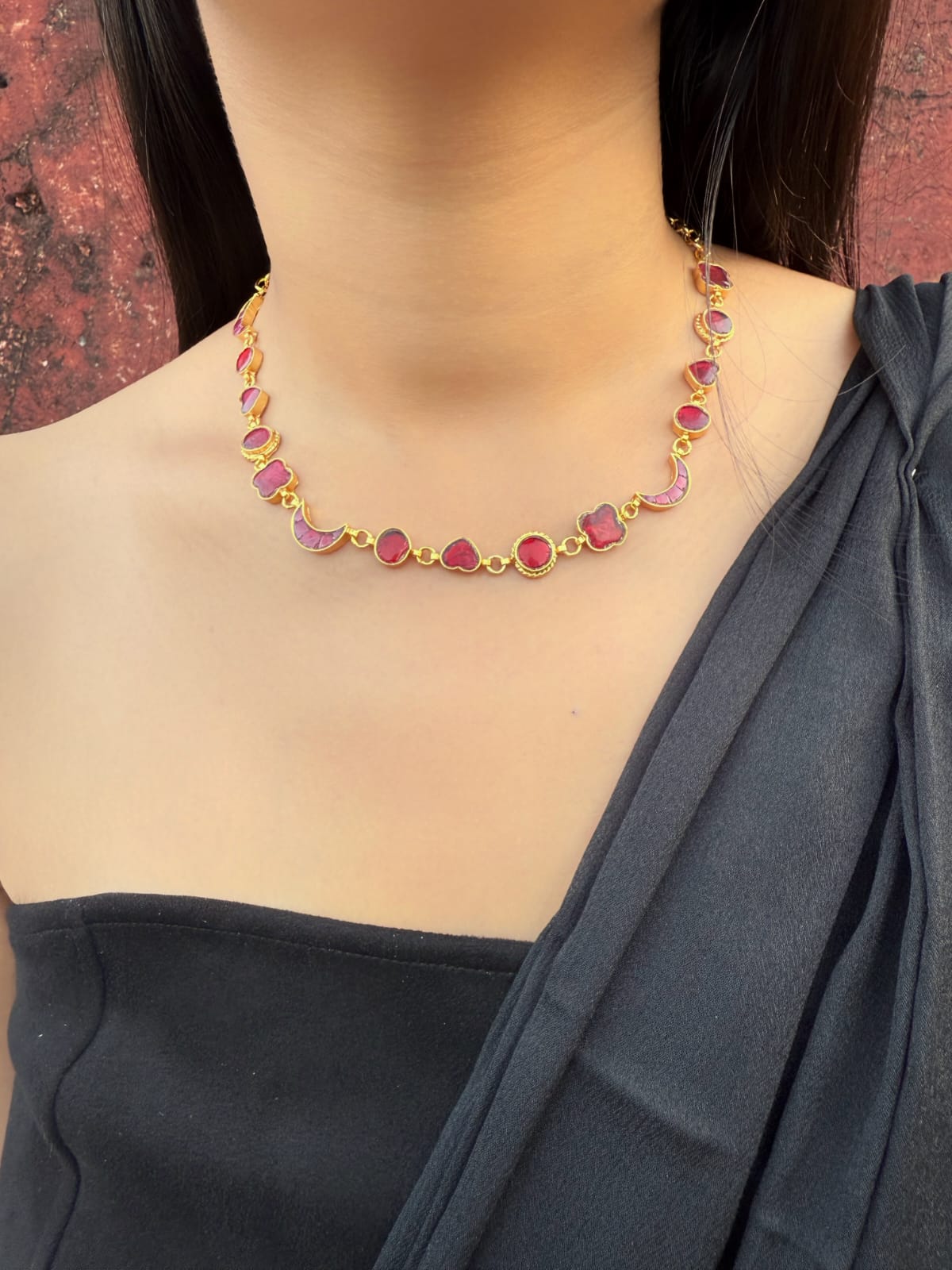 Red Love Clover-Dil-Chand Neckpiece with Chand Studs - Dropdeadgorgeous